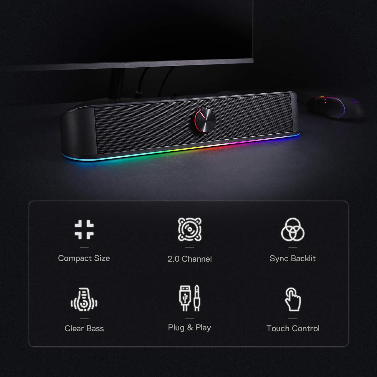 Alt view image 3 of 7 - Redragon GS560 Adiemus RGB Desktop Soundbar, 2.0 Channel Computer Speaker with Dynamic Lighting Bar Audio-Light Sync/Display, Touch-Control Backlit with Volume Knob, USB Powered w/ 3.5mm Cable