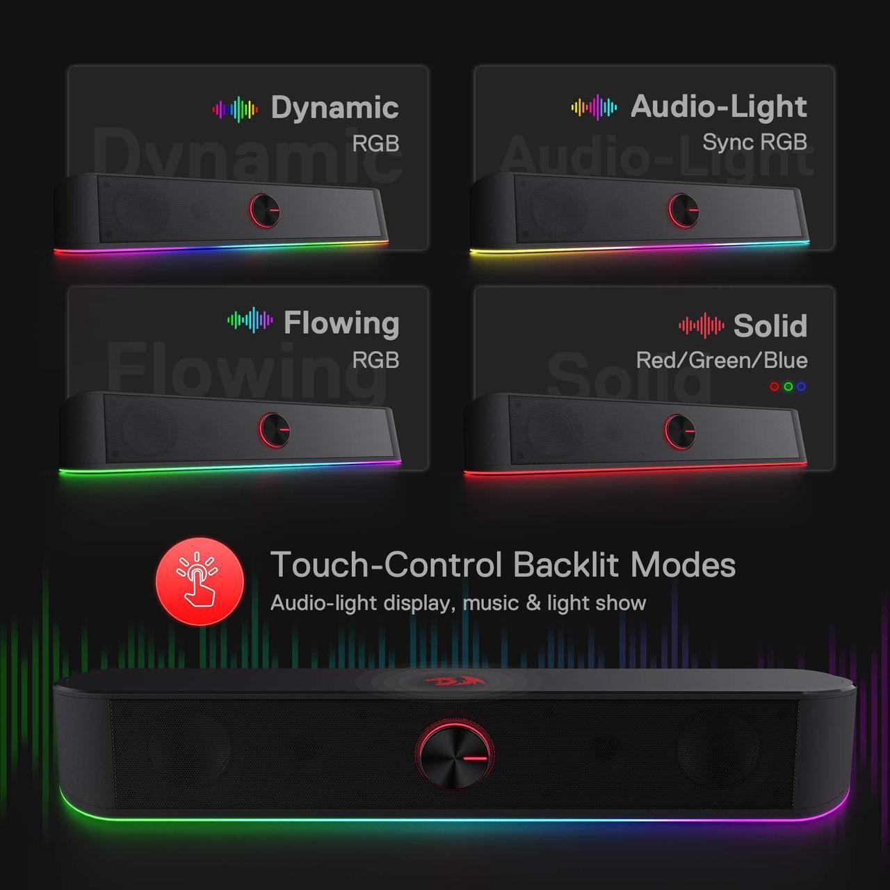 Alt view image 6 of 7 - Redragon GS560 Adiemus RGB Desktop Soundbar, 2.0 Channel Computer Speaker with Dynamic Lighting Bar Audio-Light Sync/Display, Touch-Control Backlit with Volume Knob, USB Powered w/ 3.5mm Cable