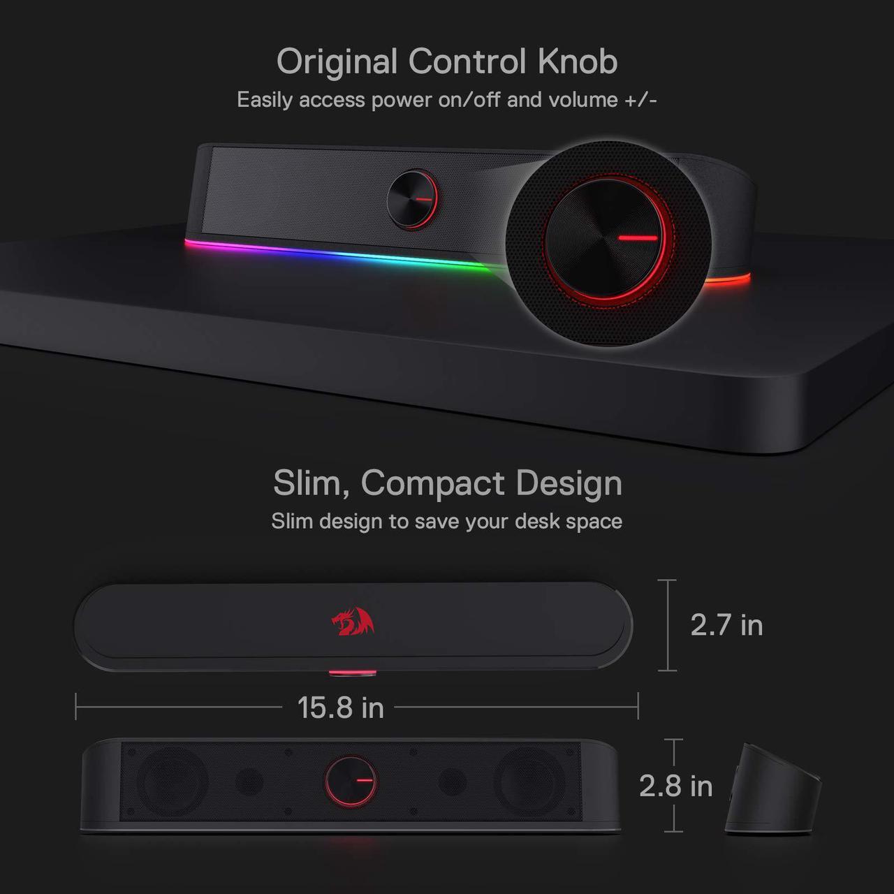 Alt view image 7 of 7 - Redragon GS560 Adiemus RGB Desktop Soundbar, 2.0 Channel Computer Speaker with Dynamic Lighting Bar Audio-Light Sync/Display, Touch-Control Backlit with Volume Knob, USB Powered w/ 3.5mm Cable