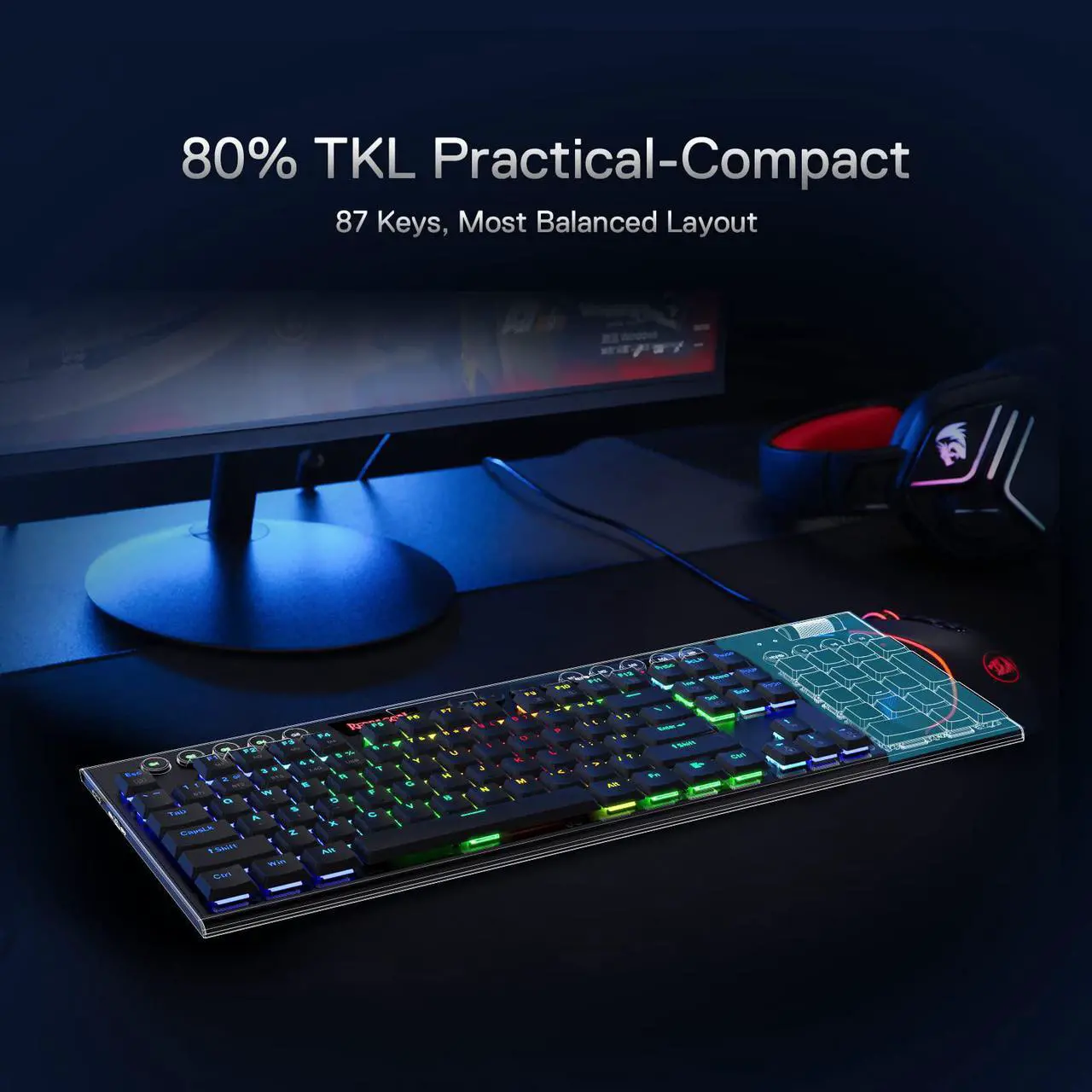 Alt view image 3 of 7 - Redragon K621 Horus TKL Wireless RGB Mechanical Keyboard, 5.0 BT/2.4 Ghz/Wired Three Modes 80% Ultra-Thin Low Profile Bluetooth Keyboard w/Dedicated Media Control & Linear Red Switches, Black