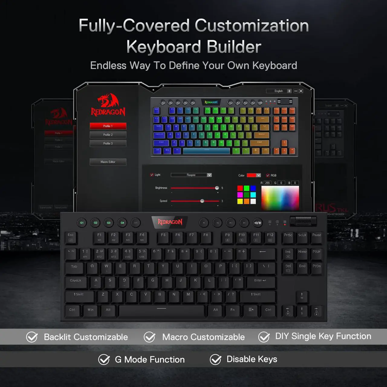Alt view image 7 of 7 - Redragon K621 Horus TKL Wireless RGB Mechanical Keyboard, 5.0 BT/2.4 Ghz/Wired Three Modes 80% Ultra-Thin Low Profile Bluetooth Keyboard w/Dedicated Media Control & Linear Red Switches, Black