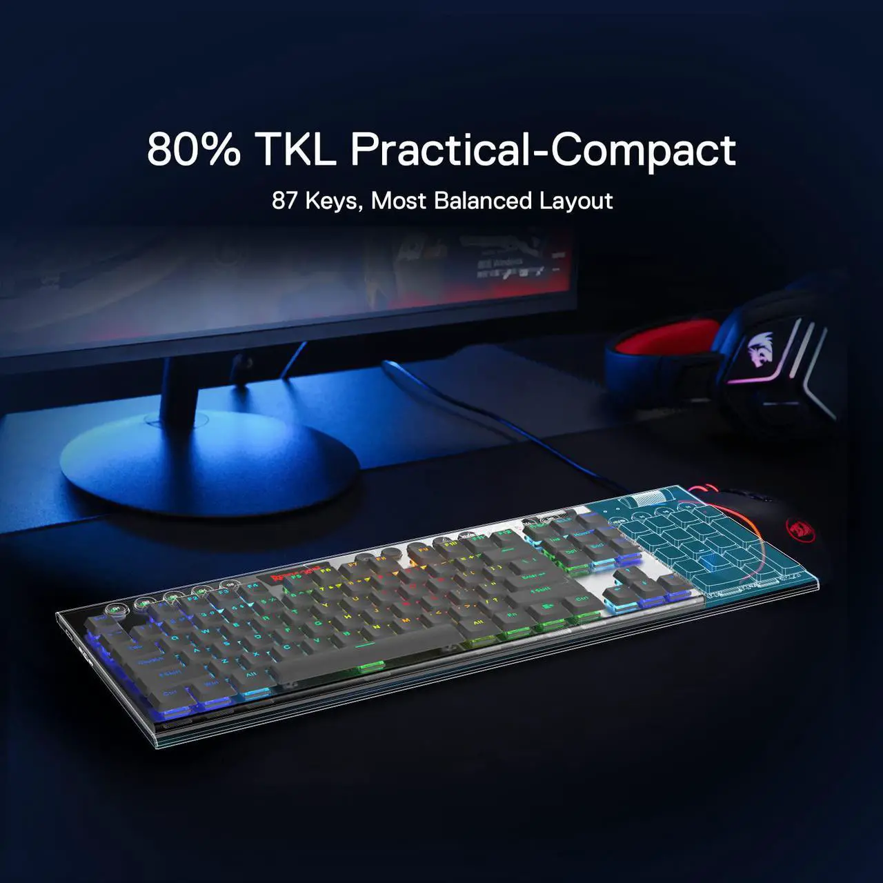 Alt view image 3 of 7 - Redragon K621 Horus TKL Wireless RGB Mechanical Keyboard, 5.0 BT/2.4 Ghz/Wired Three Modes 80% Ultra-Thin Low Profile Bluetooth Keyboard w/Dedicated Media Control & Linear Red Switches, White