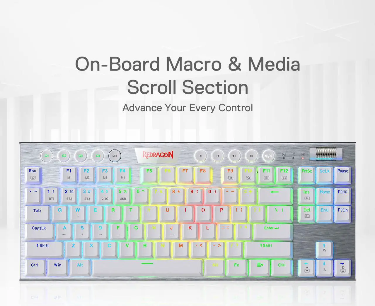 Alt view image 6 of 7 - Redragon K621 Horus TKL Wireless RGB Mechanical Keyboard, 5.0 BT/2.4 Ghz/Wired Three Modes 80% Ultra-Thin Low Profile Bluetooth Keyboard w/Dedicated Media Control & Linear Red Switches, White