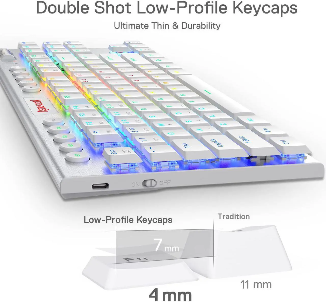 Alt view image 4 of 7 - Redragon K621 Horus TKL Wireless RGB Mechanical Keyboard, 5.0 BT/2.4 Ghz/Wired Three Modes 80% Ultra-Thin Low Profile Bluetooth Keyboard w/Dedicated Media Control & Linear Red Switches, White
