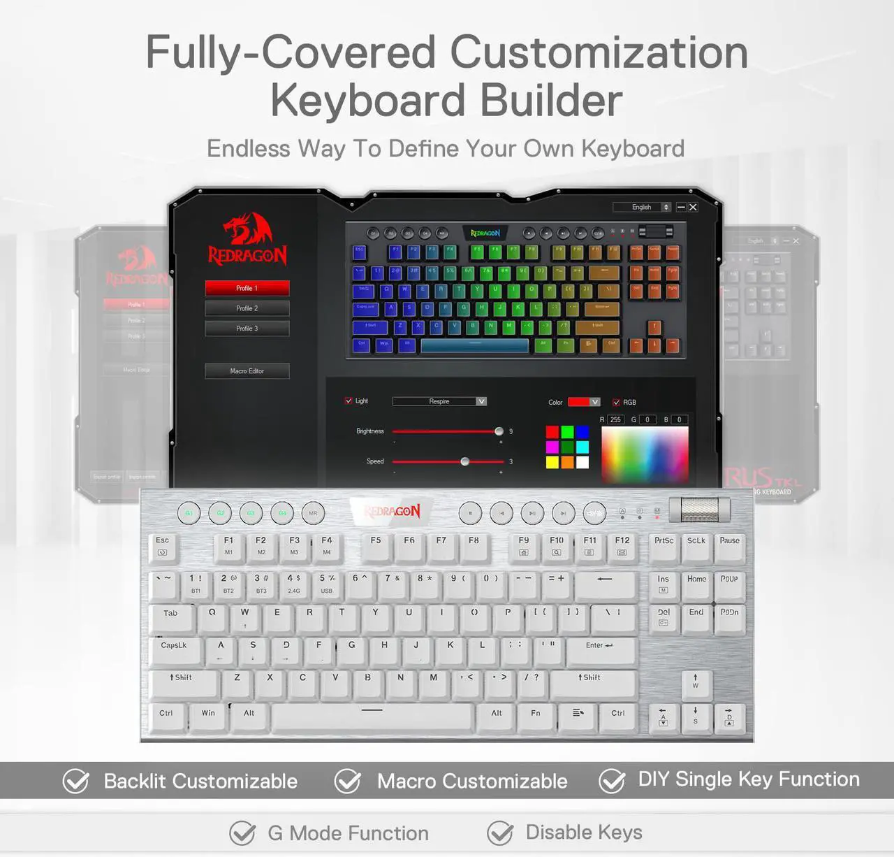 Alt view image 7 of 7 - Redragon K621 Horus TKL Wireless RGB Mechanical Keyboard, 5.0 BT/2.4 Ghz/Wired Three Modes 80% Ultra-Thin Low Profile Bluetooth Keyboard w/Dedicated Media Control & Linear Red Switches, White