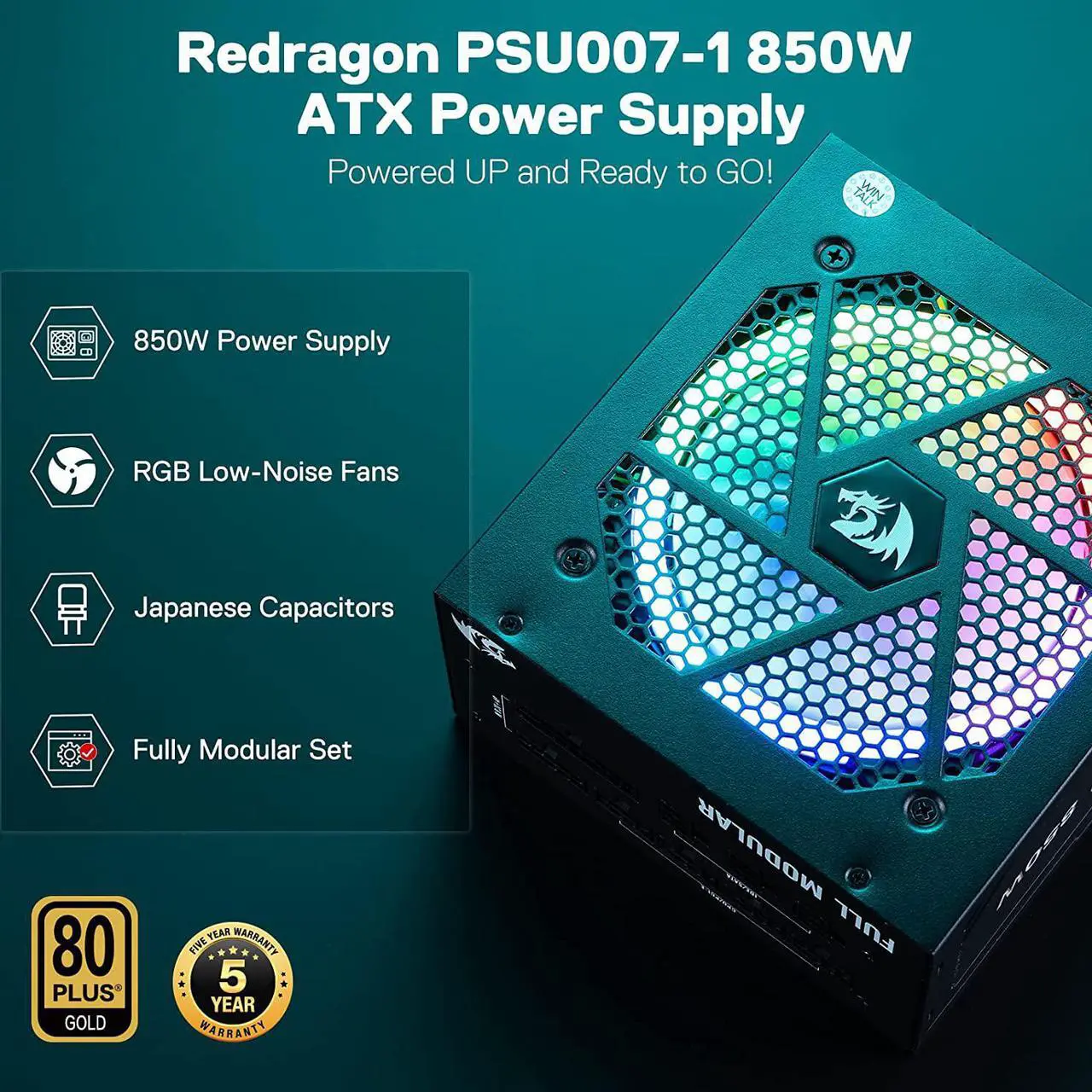 Alt view image 2 of 7 - Redragon PSU007 80+ Gold 850 Watt ATX Fully Modular Power Supply w/ 80 Plus Gold Certified, Compact 160mm Size and Low Noise RGB Fan 0 RPM, 100% Japanese Capacitors, Full Mod Cables