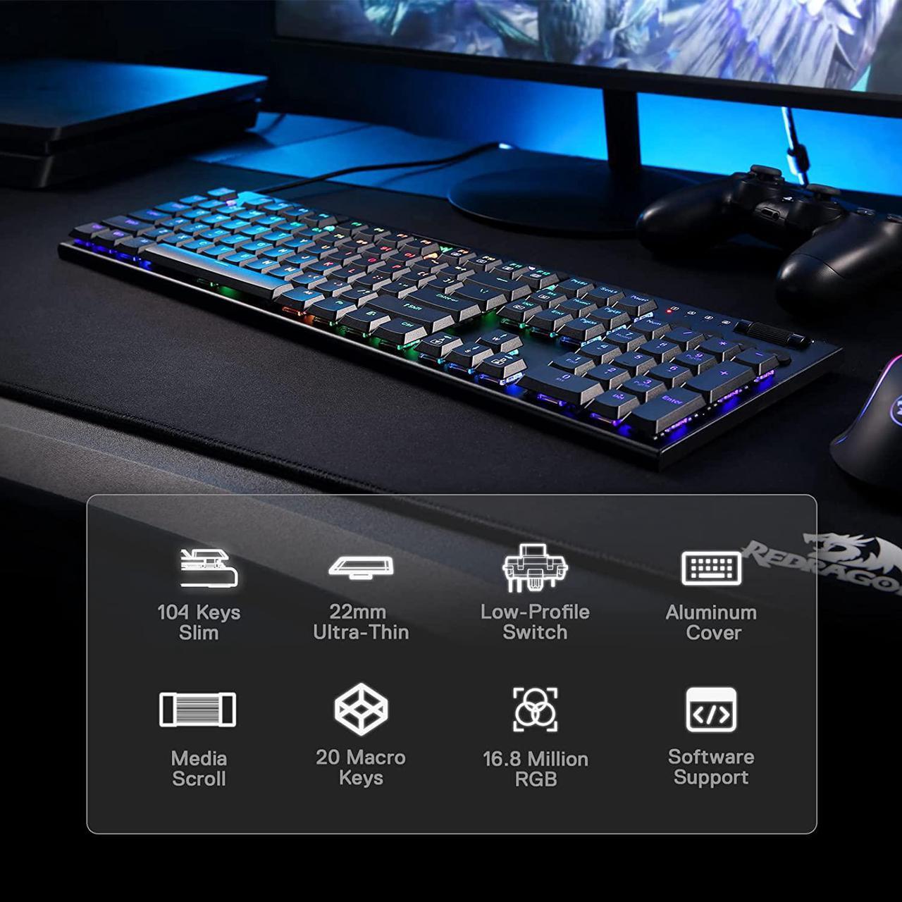 Alt view image 2 of 7 - Redragon K619 Horus RGB Mechanical Keyboard, Ultra-Thin Designed Wired Gaming Keyboard w/Low Profile Keycaps, Dedicated Media Control & Linear Red Switch, Pro Software Supported
