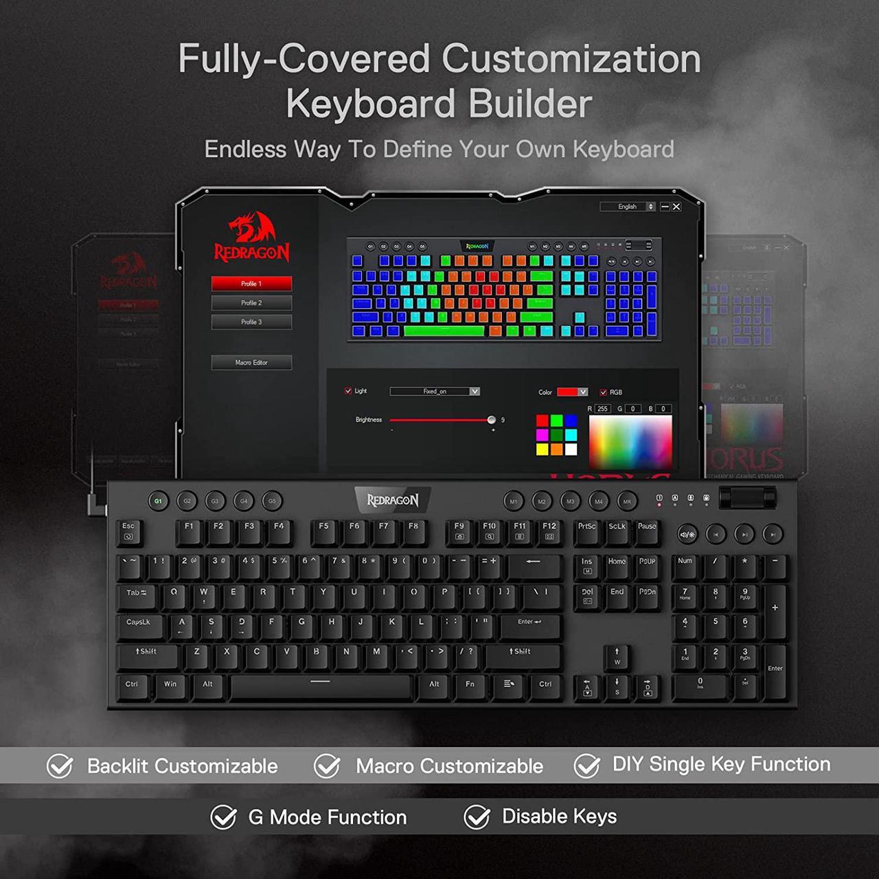 Alt view image 7 of 7 - Redragon K619 Horus RGB Mechanical Keyboard, Ultra-Thin Designed Wired Gaming Keyboard w/Low Profile Keycaps, Dedicated Media Control & Linear Red Switch, Pro Software Supported