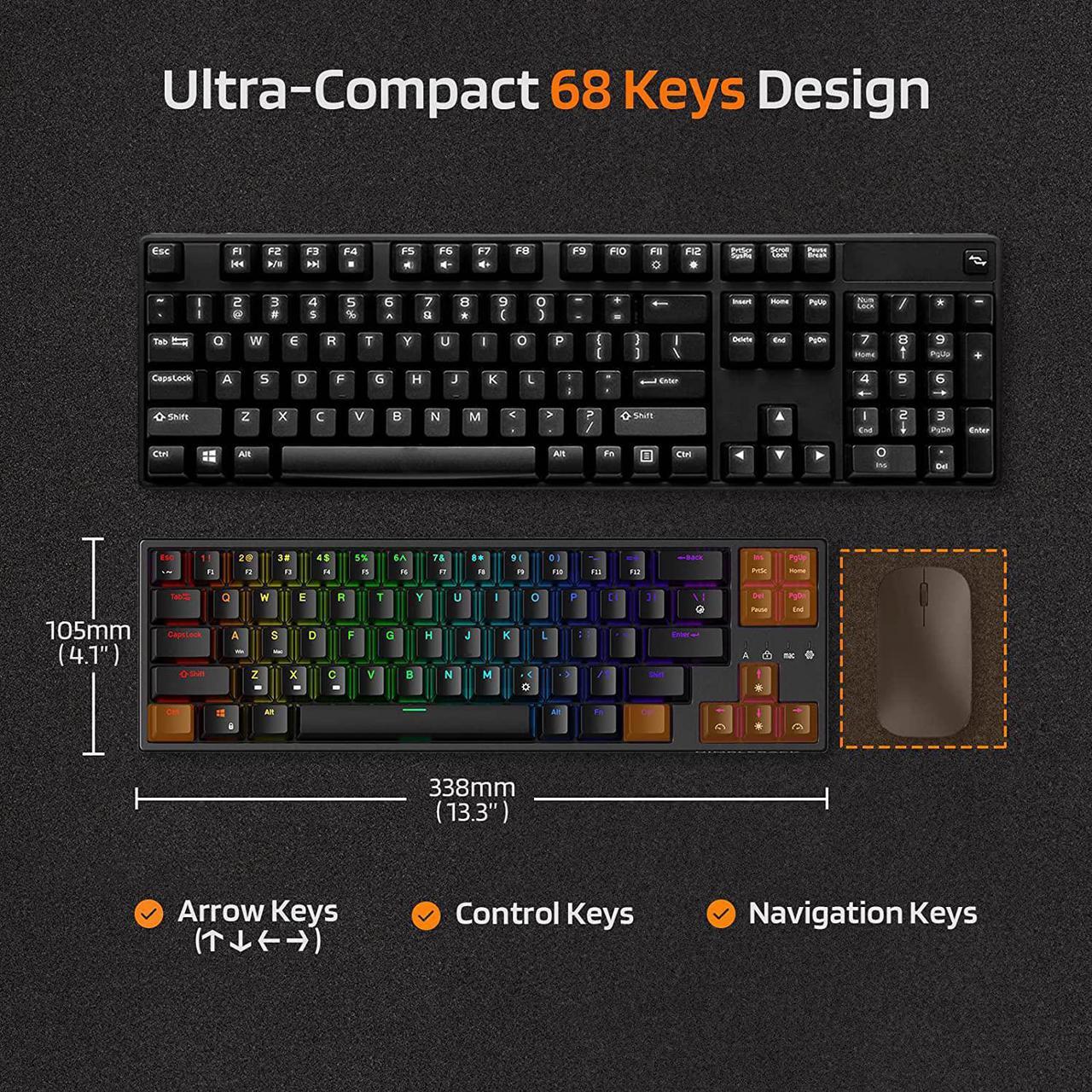Alt view image 3 of 7 - LTC NB681 Nimbleback Wired 65% Mechanical Keyboard, RGB Backlit Ultra-Compact 68 Keys Gaming Keyboard with Hot-Swappable Switch and Stand-Alone Arrow/Control Keys (Hot Swappable Blue Switch, Black)