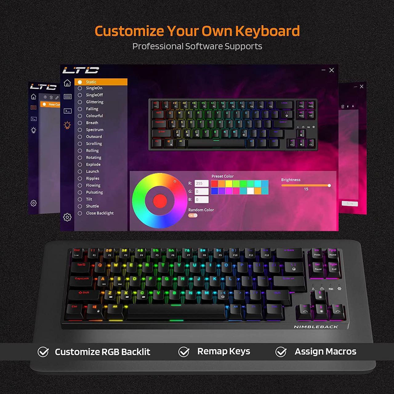 Alt view image 7 of 7 - LTC NB681 Nimbleback Wired 65% Mechanical Keyboard, RGB Backlit Ultra-Compact 68 Keys Gaming Keyboard with Hot-Swappable Switch and Stand-Alone Arrow/Control Keys (Hot Swappable Blue Switch, Black)