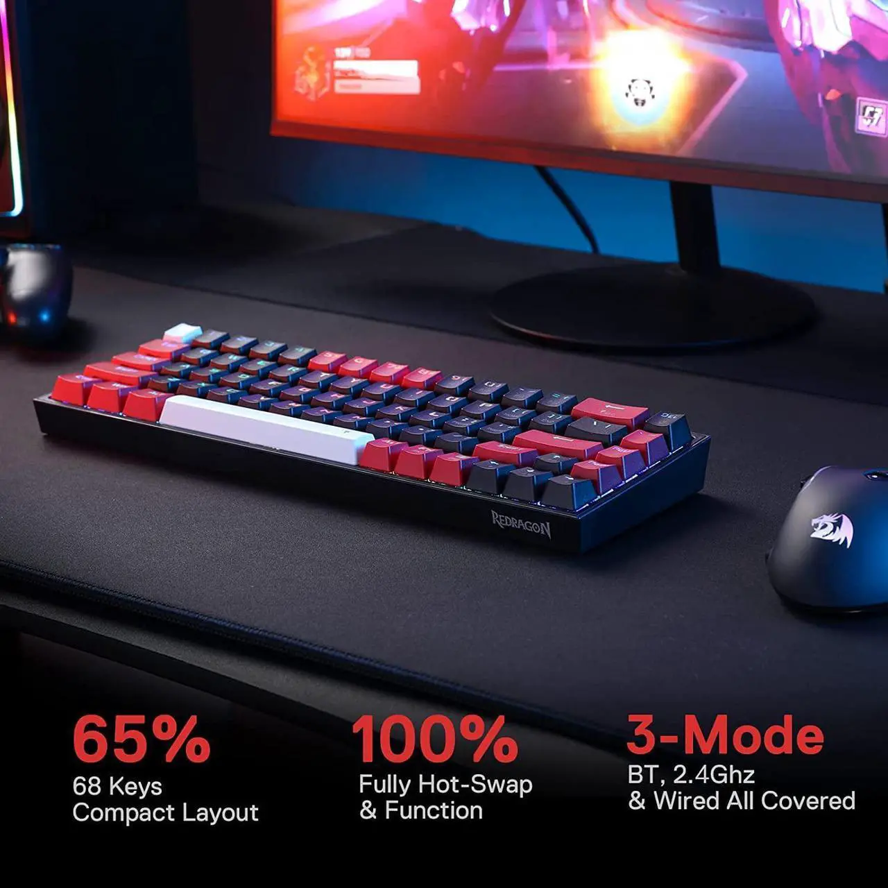 Alt view image 2 of 8 - Redragon K631 PRO 65% 3-Mode Wireless RGB Gaming Keyboard, 68 Keys Hot-Swappable Compact Mechanical Keyboard w/Hot-Swap Free-Mod PCB Socket & Dedicated Arrow Keys, Quiet Red Linear Switch