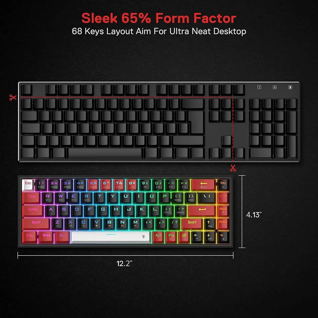 Alt view image 3 of 8 - Redragon K631 PRO 65% 3-Mode Wireless RGB Gaming Keyboard, 68 Keys Hot-Swappable Compact Mechanical Keyboard w/Hot-Swap Free-Mod PCB Socket & Dedicated Arrow Keys, Quiet Red Linear Switch