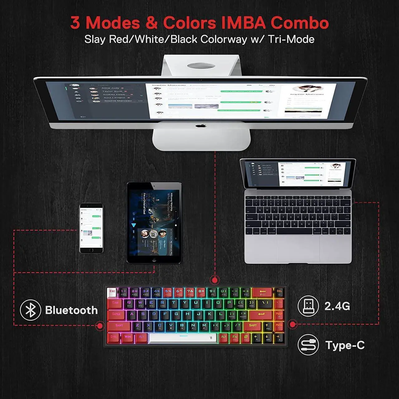 Alt view image 4 of 8 - Redragon K631 PRO 65% 3-Mode Wireless RGB Gaming Keyboard, 68 Keys Hot-Swappable Compact Mechanical Keyboard w/Hot-Swap Free-Mod PCB Socket & Dedicated Arrow Keys, Quiet Red Linear Switch