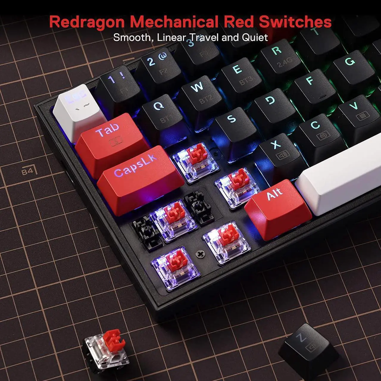 Alt view image 7 of 8 - Redragon K631 PRO 65% 3-Mode Wireless RGB Gaming Keyboard, 68 Keys Hot-Swappable Compact Mechanical Keyboard w/Hot-Swap Free-Mod PCB Socket & Dedicated Arrow Keys, Quiet Red Linear Switch