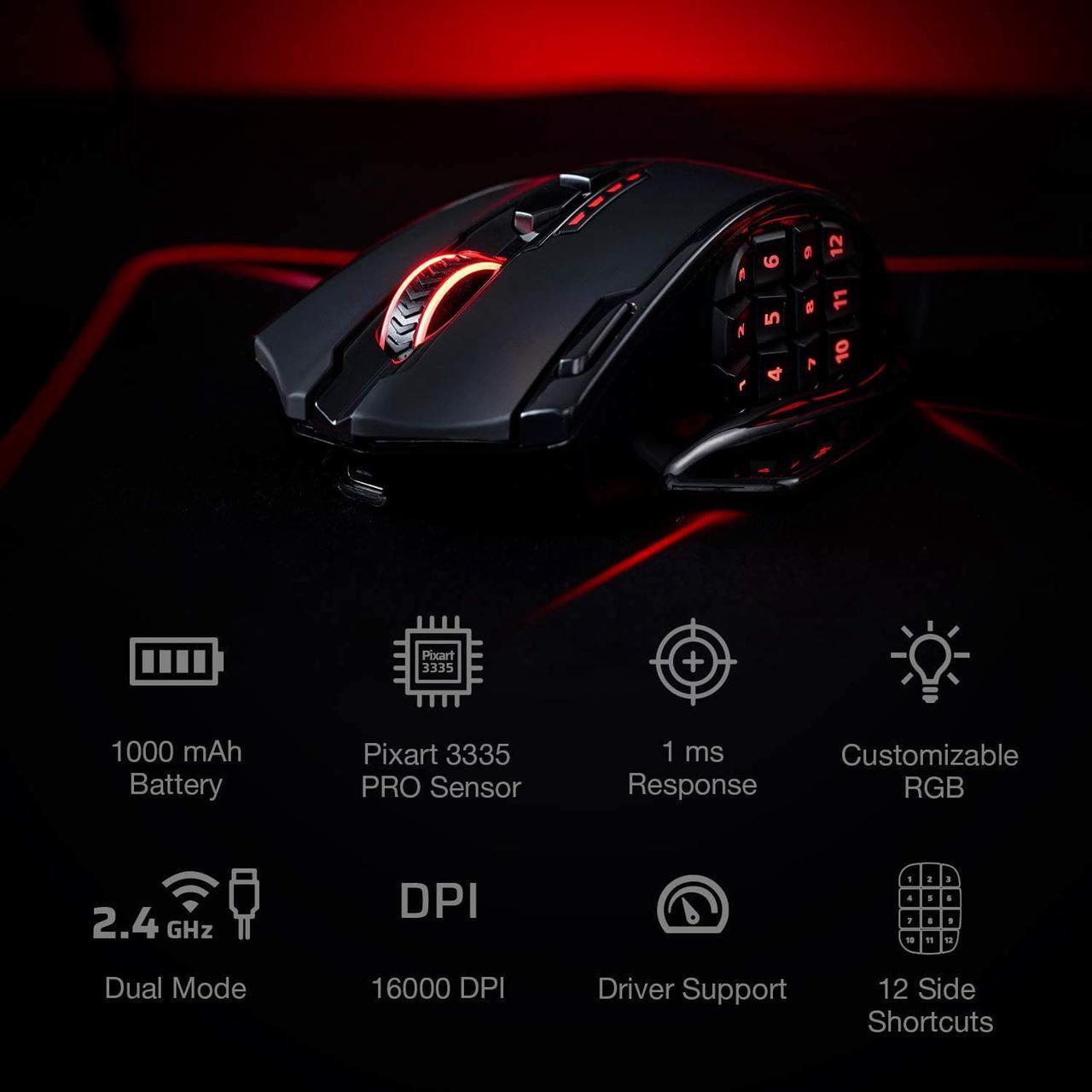 Alt view image 4 of 7 - Redragon M913 Impact Elite Wireless Gaming Mouse, 16000 DPI Wired/Wireless RGB Gamer Mouse with 16 Programmable Buttons, 45 Hr Battery and Pro Optical Sensor, 12 Side Buttons MMO Mouse