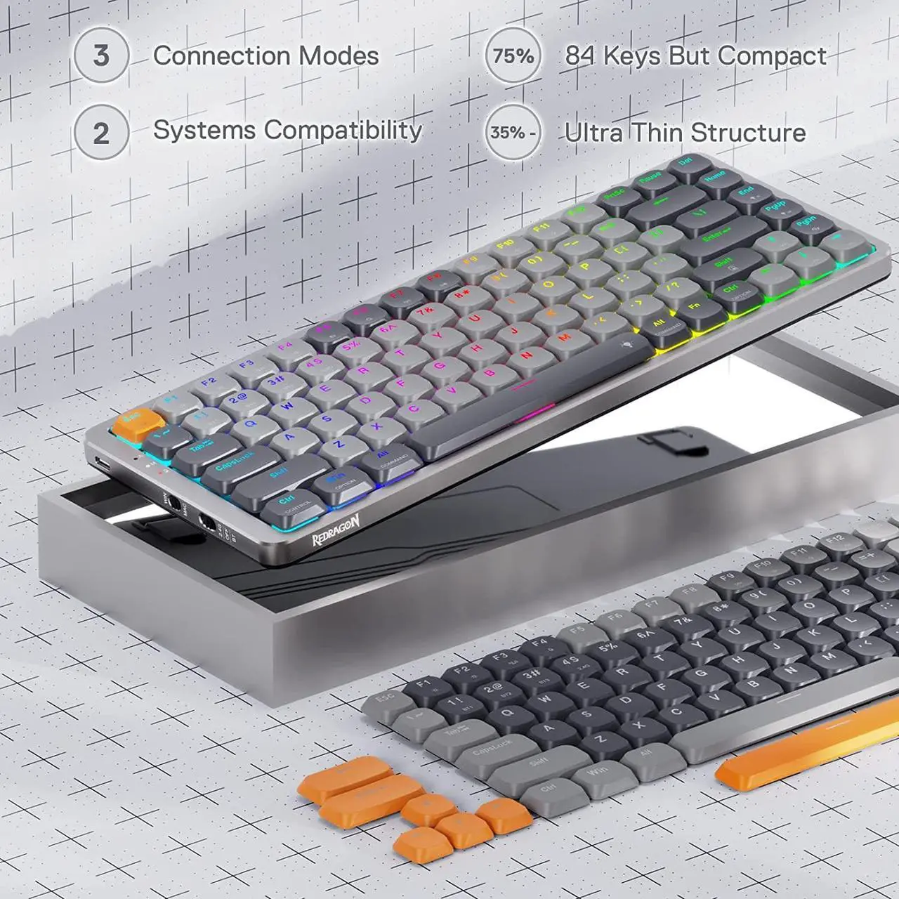 Alt view image 2 of 7 - Redragon K652 75% Wireless RGB Mechanical Keyboard, Bluetooth/2.4Ghz/Wired Tri-Mode 84 Keys Ultra-Thin Gaming Keyboard w/Aluminum Top Plate, 100% Supported Win/Mac System & Low Profile Blue Switch