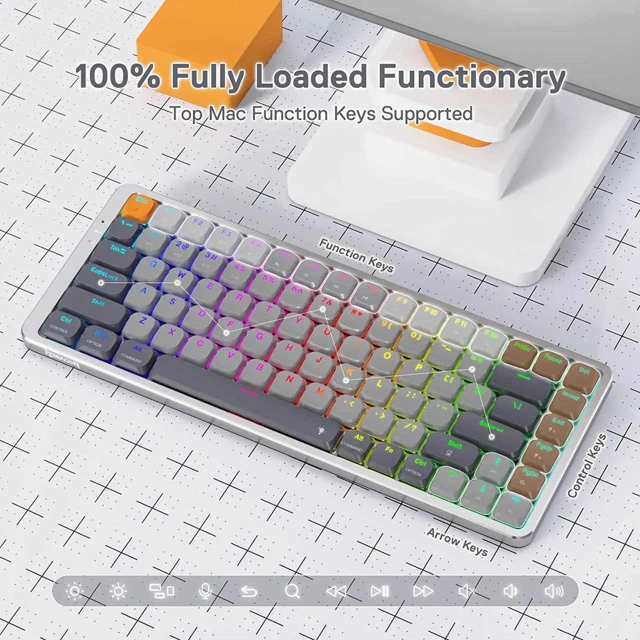 Alt view image 5 of 7 - Redragon K652 75% Wireless RGB Mechanical Keyboard, Bluetooth/2.4Ghz/Wired Tri-Mode 84 Keys Ultra-Thin Gaming Keyboard w/Aluminum Top Plate, 100% Supported Win/Mac System & Low Profile Blue Switch