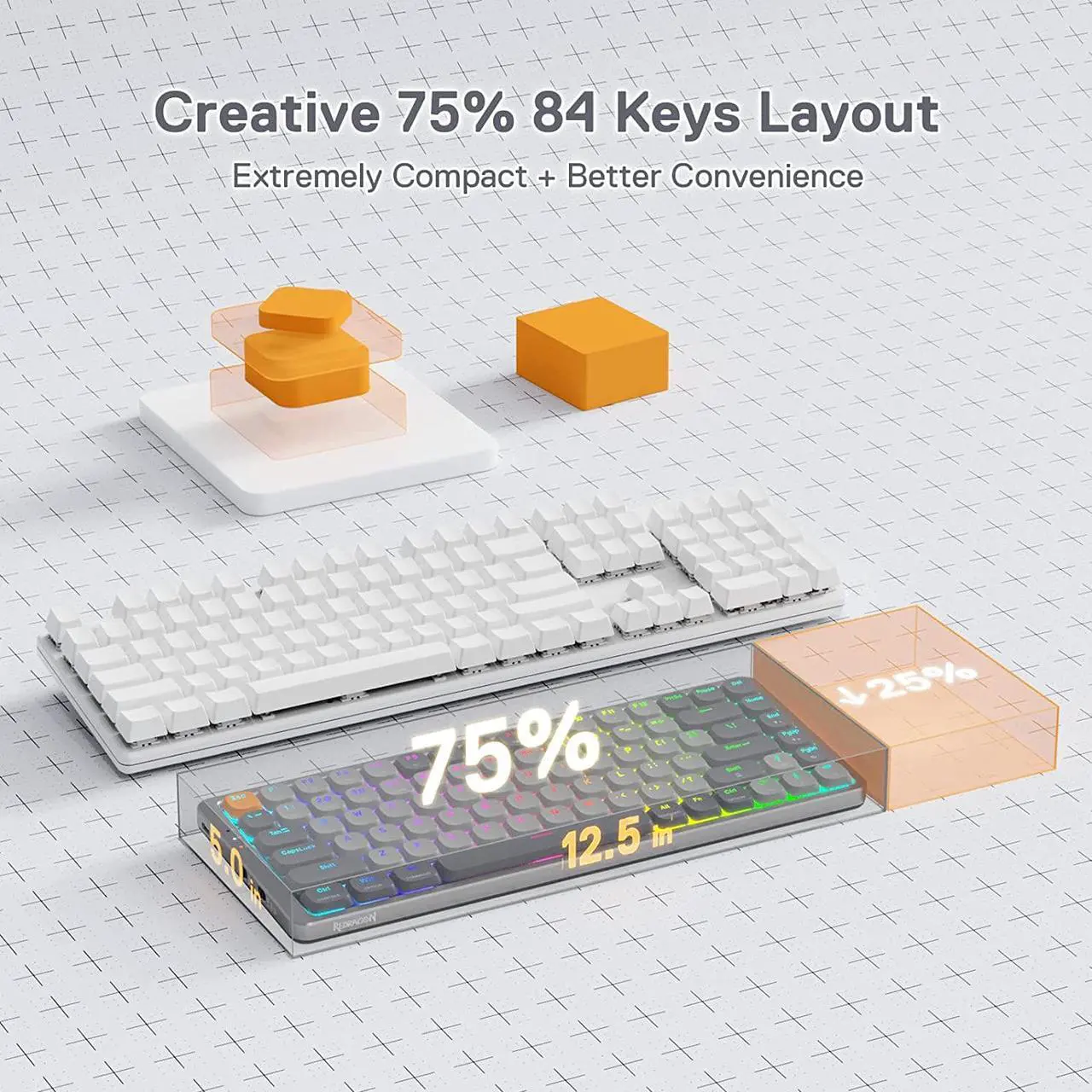 Alt view image 4 of 7 - Redragon K652 75% Wireless RGB Mechanical Keyboard, Bluetooth/2.4Ghz/Wired Tri-Mode 84 Keys Ultra-Thin Gaming Keyboard w/Aluminum Top Plate, 100% Supported Win/Mac System & Low Profile Blue Switch