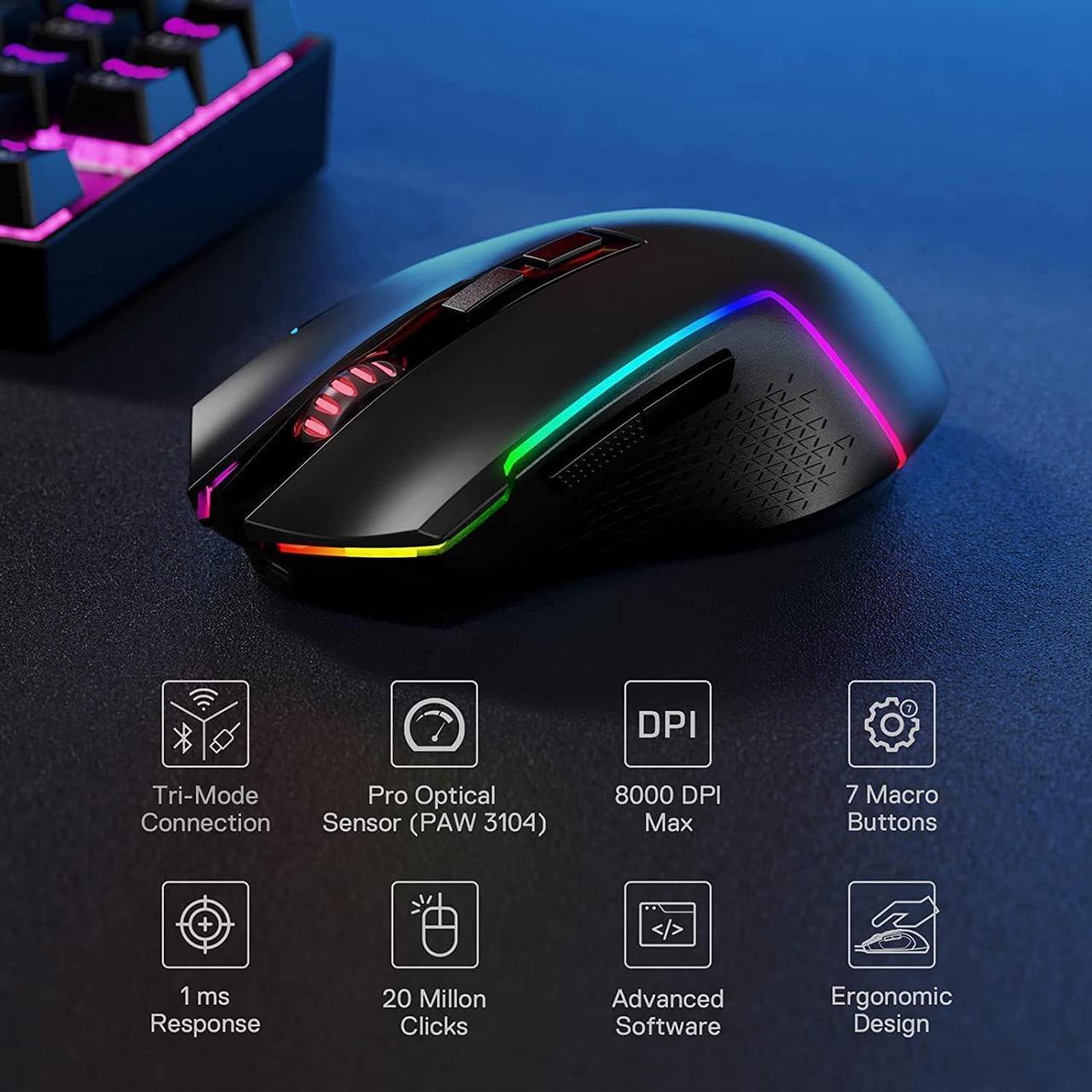 Alt view image 2 of 7 - Redragon M693 Wireless Bluetooth Gaming Mouse, 8000 DPI Wired/Wireless Gamer Mouse w/ 3-Mode Connection, BT & 2.4G Wireless, 7 Macro Buttons, Durable Power Capacity and RGB Backlight for PC/Mac/Laptop