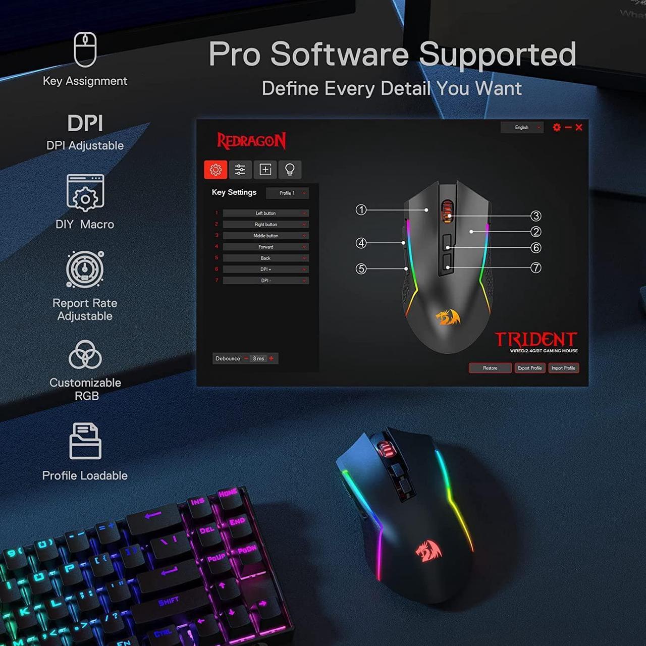 Alt view image 6 of 7 - Redragon M693 Wireless Bluetooth Gaming Mouse, 8000 DPI Wired/Wireless Gamer Mouse w/ 3-Mode Connection, BT & 2.4G Wireless, 7 Macro Buttons, Durable Power Capacity and RGB Backlight for PC/Mac/Laptop