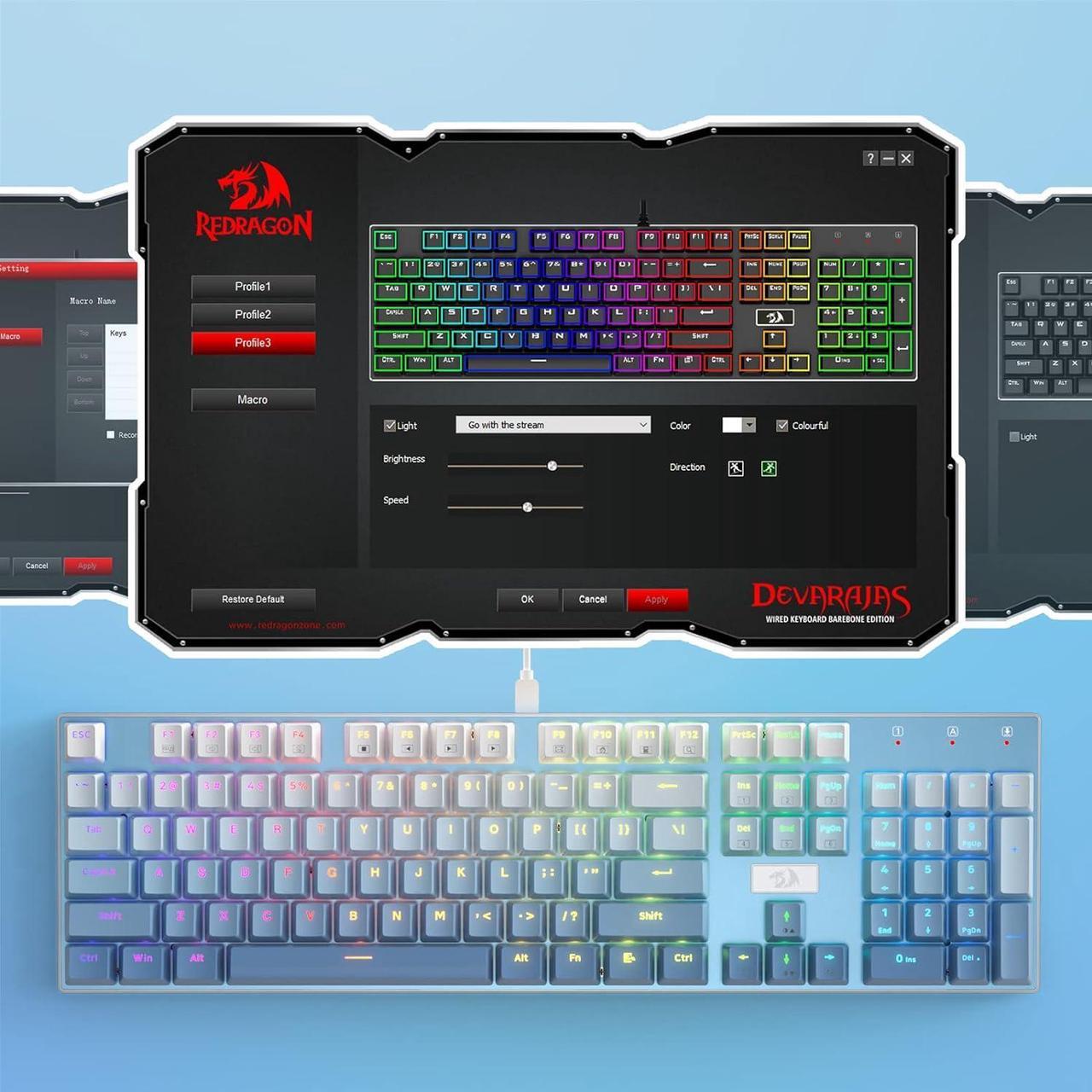 Alt view image 4 of 7 - Redragon K556 SE RGB LED Backlit Wired Mechanical Gaming Keyboard, Aluminum Base, 104 Keys Upgraded Socket, 3.5mm Sound Absorbing Foams, Hot-Swap Linear Quiet Red Switch, Gradient Blue