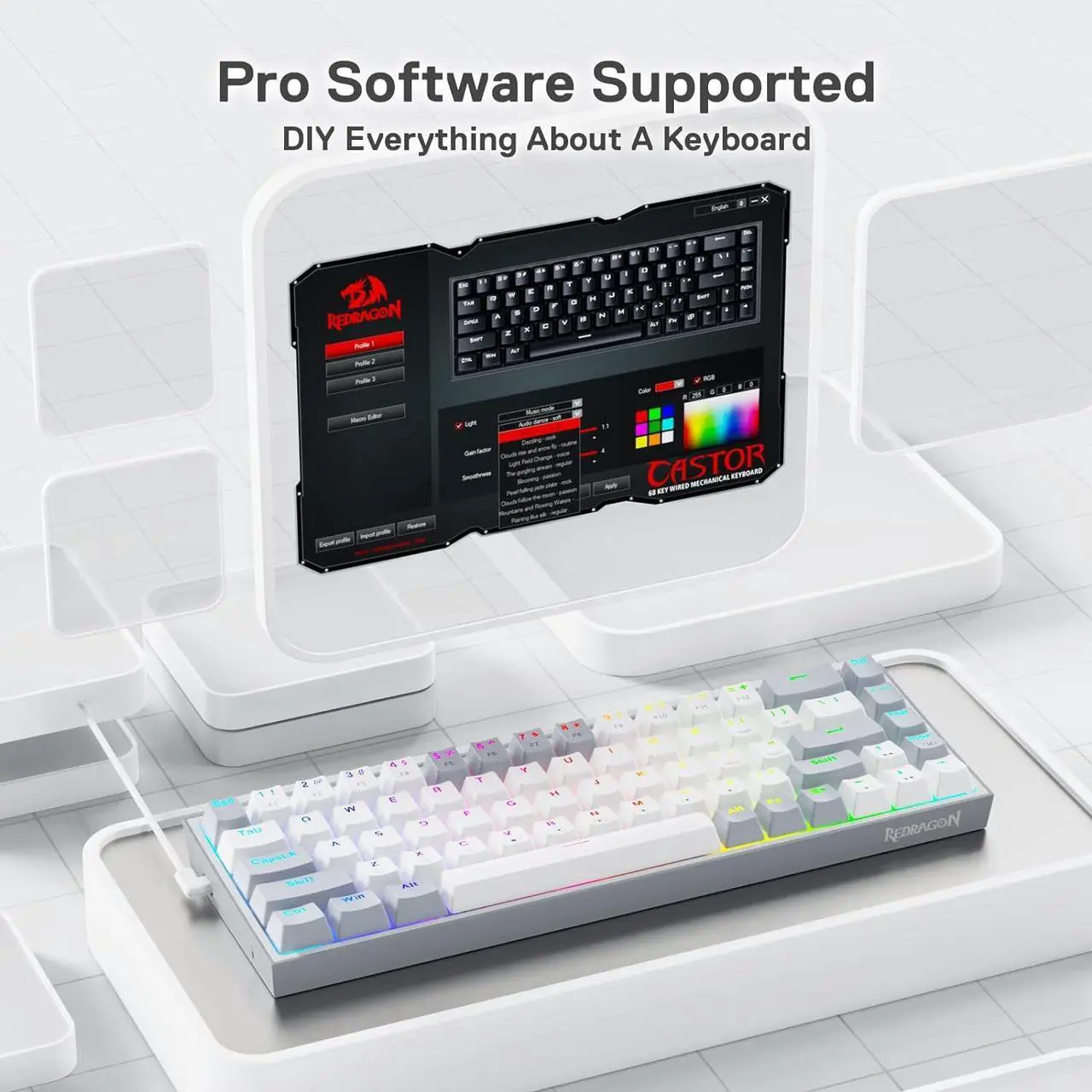 Alt view image 3 of 7 - Redragon K631 Gery 65% Wired RGB Gaming Keyboard, 68 Keys Compact Mechanical Keyboard w/100% Hot-Swap Socket, Free-Mod Plate Mounted PCB & Dedicated Arrow Keys, Quiet Red Switch