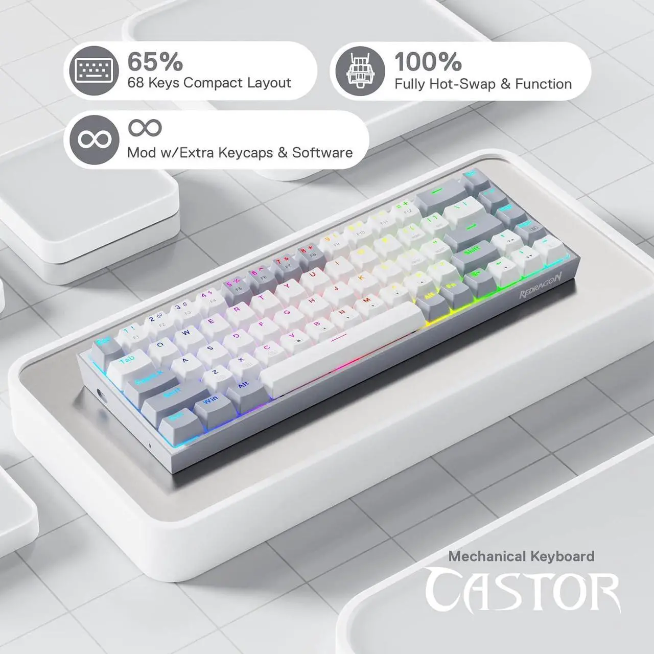 Alt view image 6 of 7 - Redragon K631 Gery 65% Wired RGB Gaming Keyboard, 68 Keys Compact Mechanical Keyboard w/100% Hot-Swap Socket, Free-Mod Plate Mounted PCB & Dedicated Arrow Keys, Quiet Red Switch