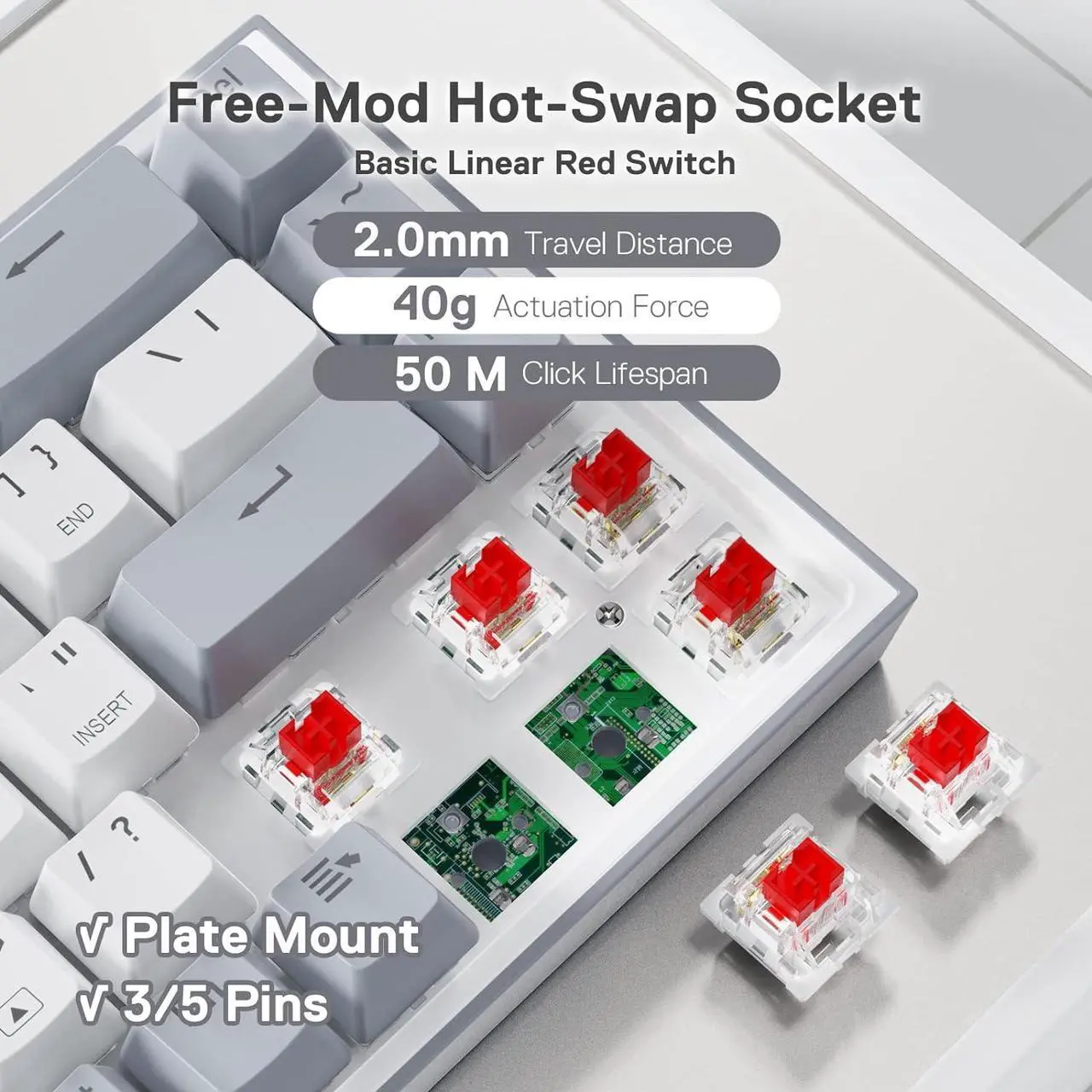 Alt view image 4 of 7 - Redragon K631 Gery 65% Wired RGB Gaming Keyboard, 68 Keys Compact Mechanical Keyboard w/100% Hot-Swap Socket, Free-Mod Plate Mounted PCB & Dedicated Arrow Keys, Quiet Red Switch