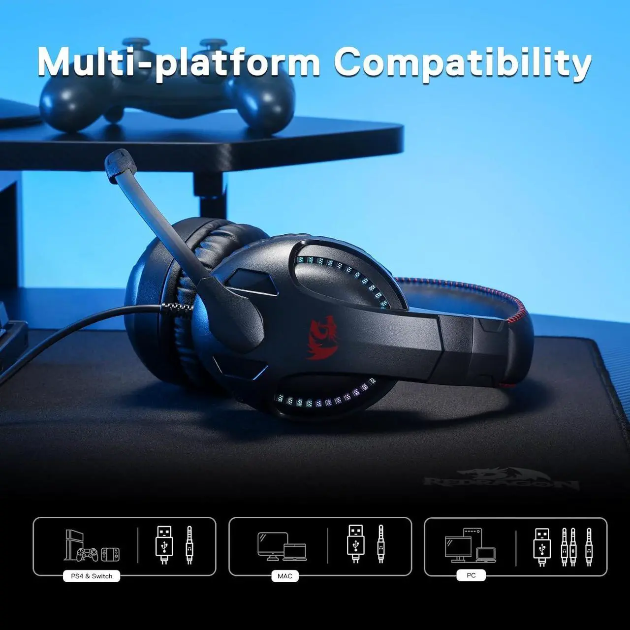 Alt view image 4 of 7 - Redragon H211 Cronus Black Wired Gaming Headset, Stereo Surround Sound, Noise-Canceling Microphone, Dynamic RGB Backlight, 40 mm Drivers, Over-Ear Headphones Works for PC/PS5/XBOX/NS, Black