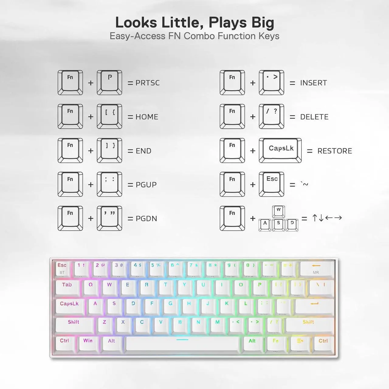 Alt view image 7 of 7 - Redragon K530 Pro Draconic 60% Wireless RGB Mechanical Keyboard, BT/2.4Ghz/Wired 3-Mode 61 Keys Compact Gaming Keyboard w/Hot-Swap Socket, Free-Mod Plate Mounted PCB & Clicky Blue Switch