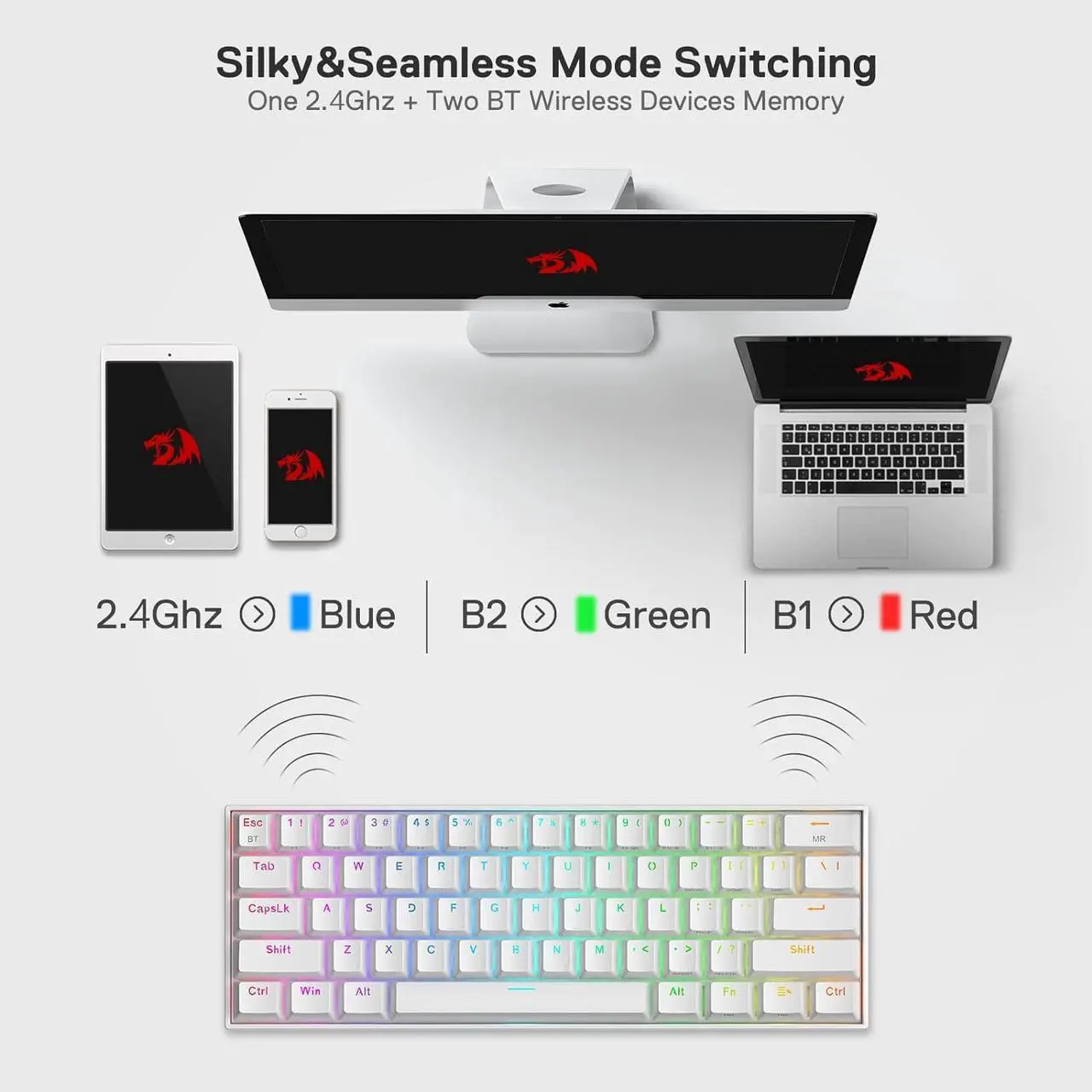 Alt view image 6 of 7 - Redragon K530 Pro Draconic 60% Wireless RGB Mechanical Keyboard, BT/2.4Ghz/Wired 3-Mode 61 Keys Compact Gaming Keyboard w/Hot-Swap Socket, Free-Mod Plate Mounted PCB & Clicky Blue Switch