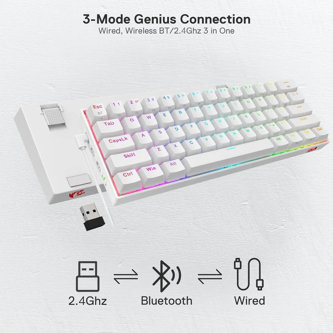 Alt view image 4 of 7 - Redragon K530 Pro Draconic 60% Wireless RGB Mechanical Keyboard, BT/2.4Ghz/Wired 3-Mode 61 Keys Compact Gaming Keyboard w/Hot-Swap Socket, Free-Mod Plate Mounted PCB & Clicky Blue Switch