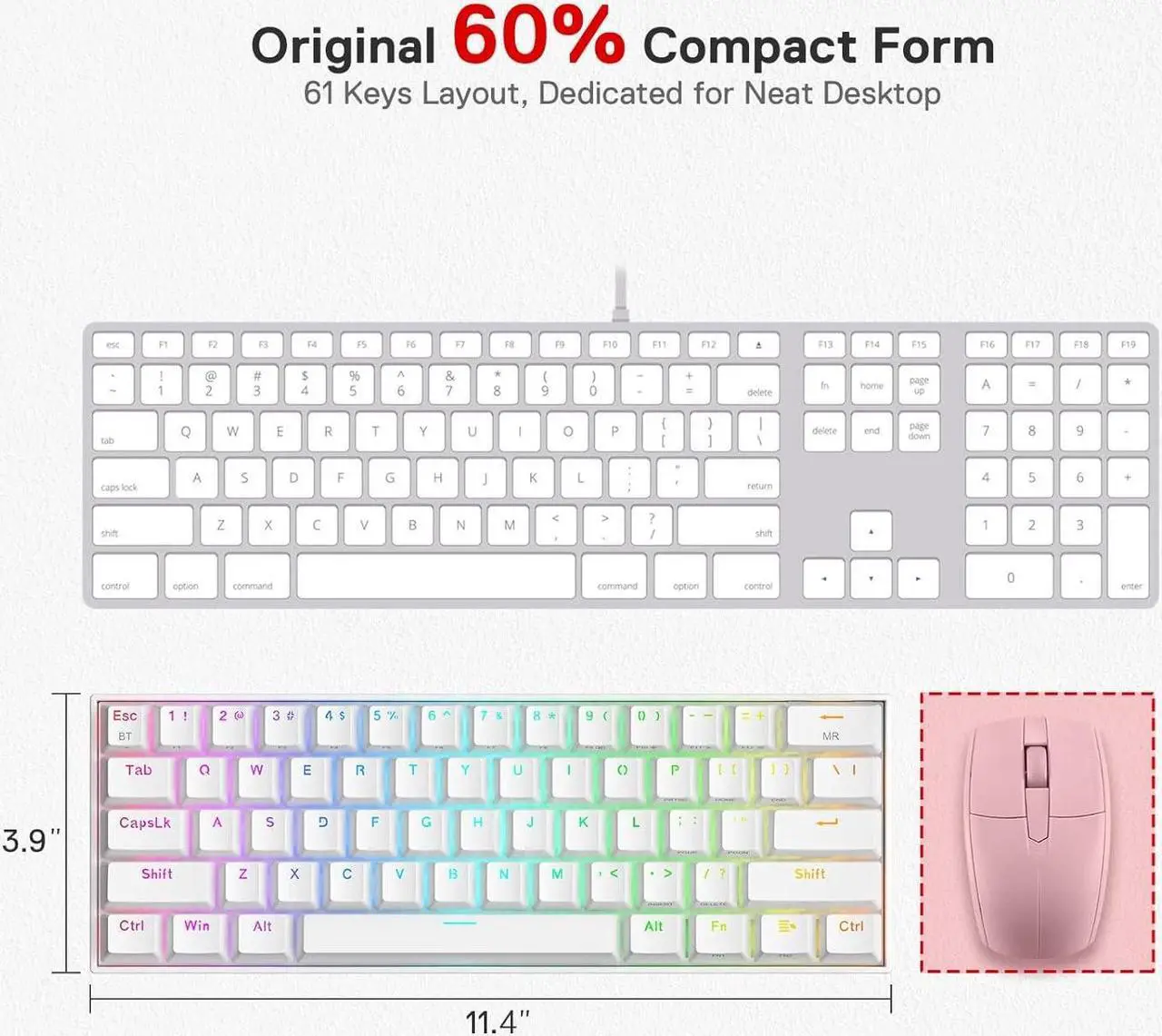 Alt view image 2 of 7 - Redragon K530 Pro Draconic 60% Wireless RGB Mechanical Keyboard, BT/2.4Ghz/Wired 3-Mode 61 Keys Compact Gaming Keyboard w/Hot-Swap Socket, Free-Mod Plate Mounted PCB & Clicky Blue Switch