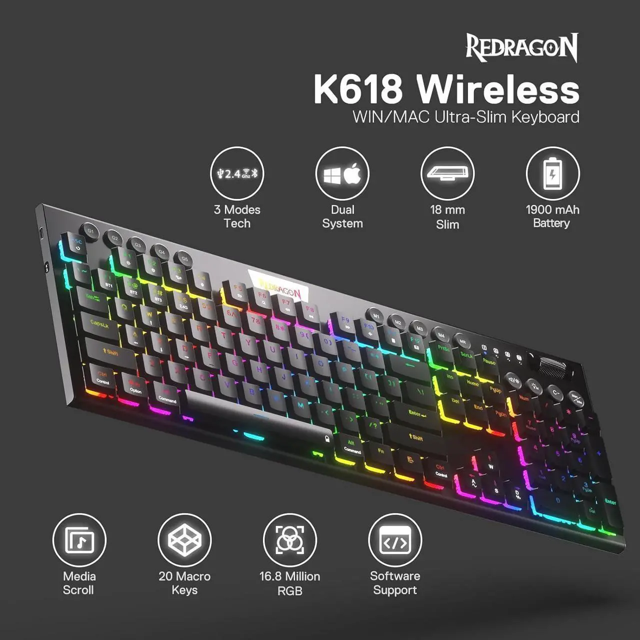 Alt view image 4 of 7 - Redragon K618 PRO 3-Mode Wireless RGB Mechanical Keyboard, BT/2.4Ghz/Wired Low Profile Win/Mac Gaming Keyboard w/Ultra-Thin Design, Dedicated Media Control & Tactile Brown Switch