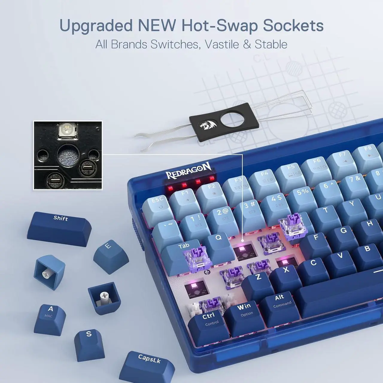 Alt view image 7 of 7 - Redragon K656 PRO 3-Mode Wireless RGB Gaming Keyboard, 100 Keys Mechanical Keyboard w/Translucent Board, Hot-Swappable Socket, Sound Absorbing Foam & Custom Tactile Switch, Gradient BlueMade