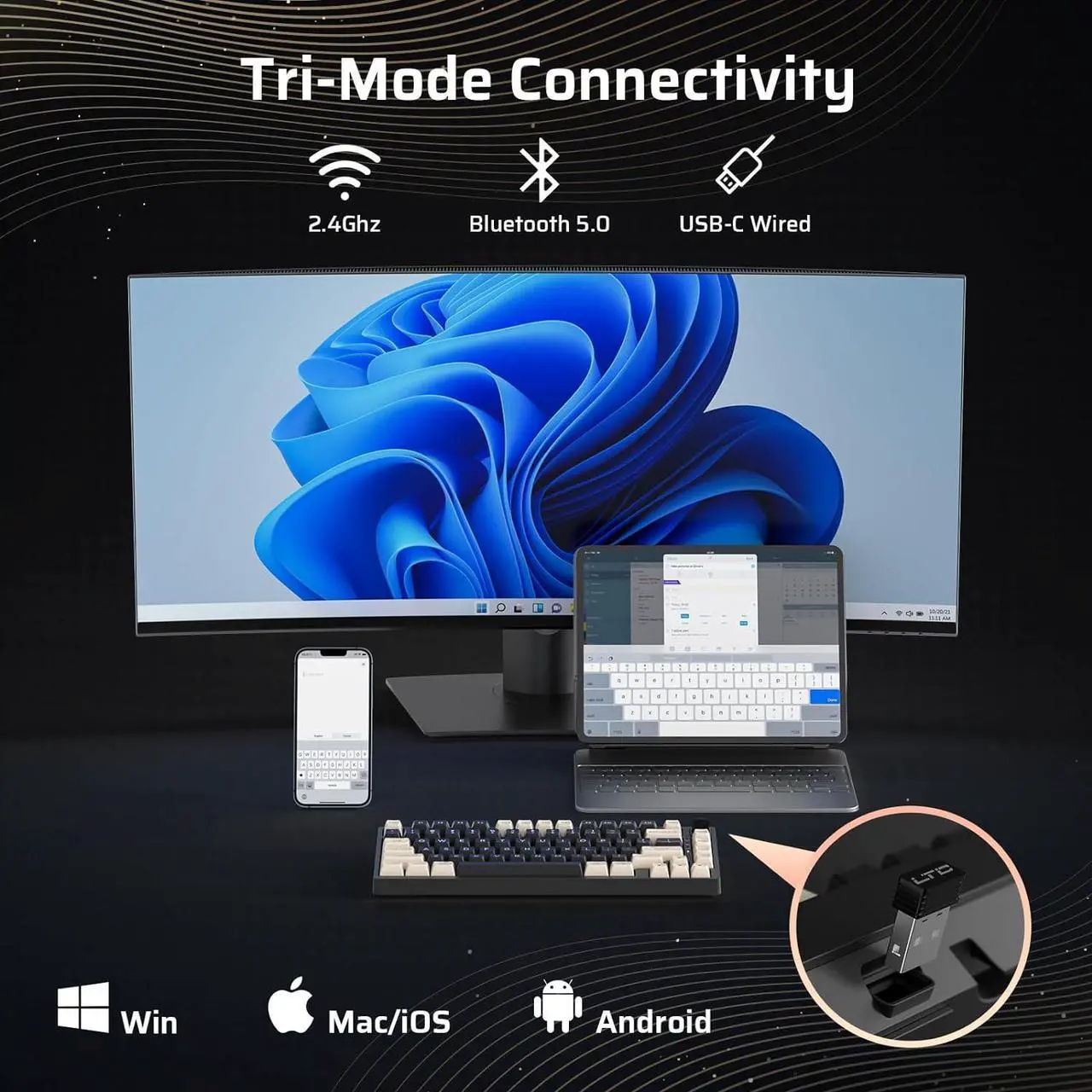 Alt view image 4 of 7 - LTC Nimbleback NB831 Wireless 75% 3-Mode BT5.0/2.4Ghz/USB-C Wired Hot Swappable Mechanical Keyboard, 81-Keys RGB Compact Gaming Keyboard with Knob, Sound Absorbing Pads, PBT Keycaps, Pro Driver,Cookie