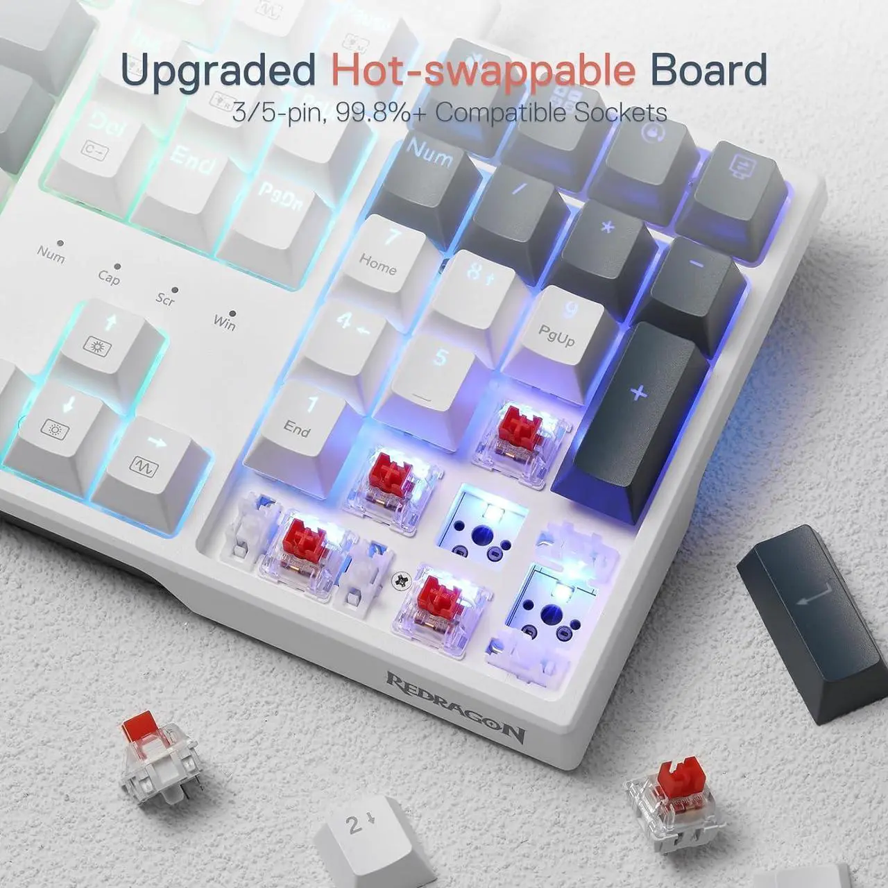 Alt view image 4 of 7 - Redragon K668 RGB Gaming Keyboard, 108 Keys Wired Mechanical Keyboard w/Extra 4 Hotkeys, Sound Absorbing Foams, Upgraded Hot-swappable Socket, Mixed Color Keycaps x 2 Sets, Red Switch