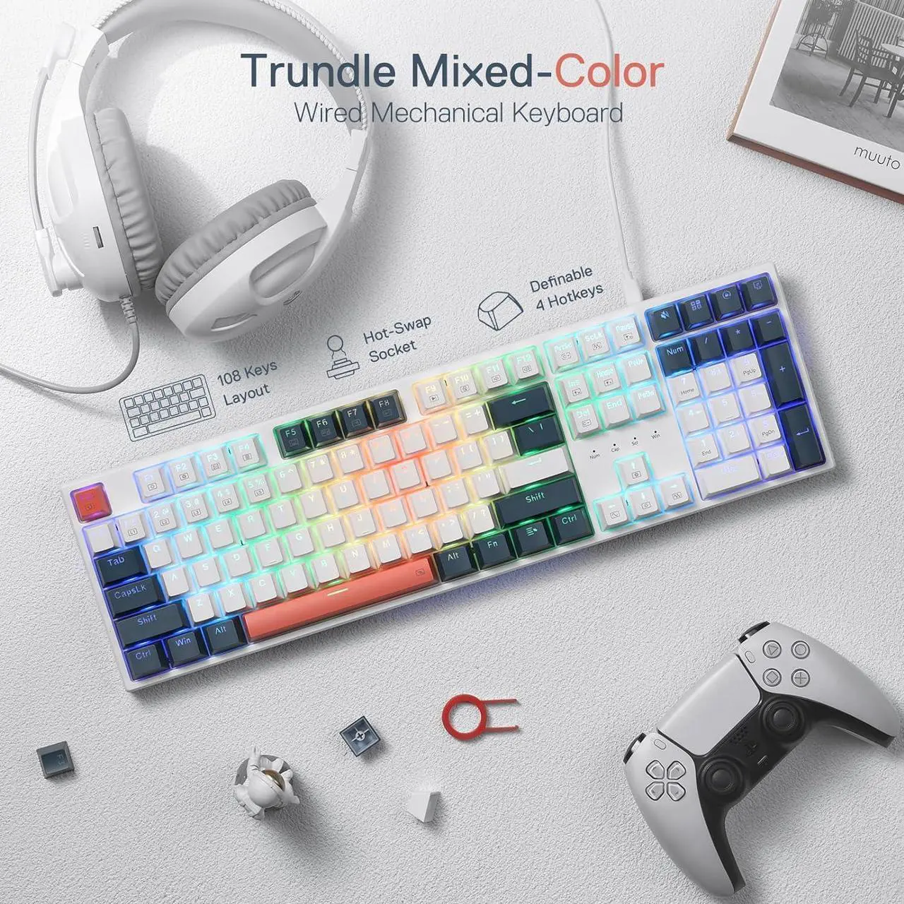 Alt view image 6 of 7 - Redragon K668 RGB Gaming Keyboard, 108 Keys Wired Mechanical Keyboard w/Extra 4 Hotkeys, Sound Absorbing Foams, Upgraded Hot-swappable Socket, Mixed Color Keycaps x 2 Sets, Red Switch