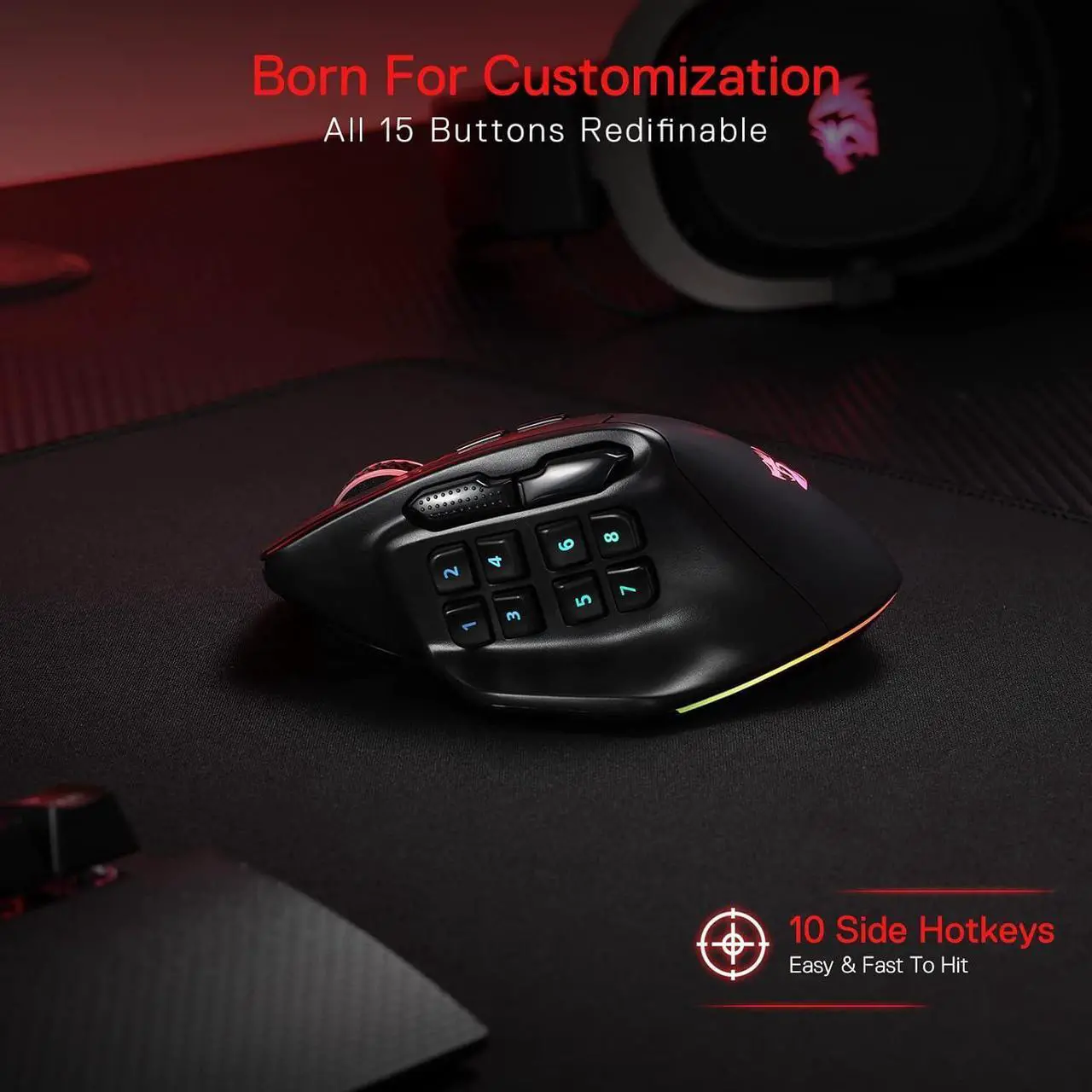 Alt view image 2 of 6 - Redragon M811 PRO Wireless MMO Gaming Mouse, 15 Programmable Buttons RGB Gamer Mouse w/Ergonomic Natural Grip Build, 10 Side Macro Keys, Software Supports DIY Keybinds & Backlit