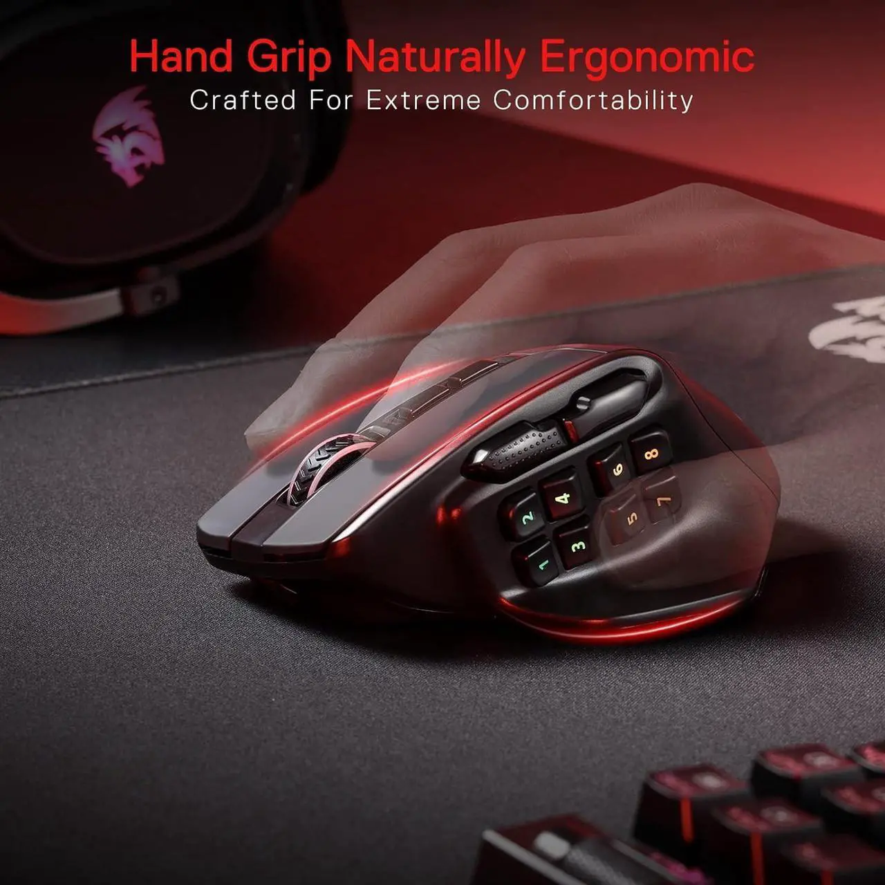 Alt view image 5 of 6 - Redragon M811 PRO Wireless MMO Gaming Mouse, 15 Programmable Buttons RGB Gamer Mouse w/Ergonomic Natural Grip Build, 10 Side Macro Keys, Software Supports DIY Keybinds & Backlit