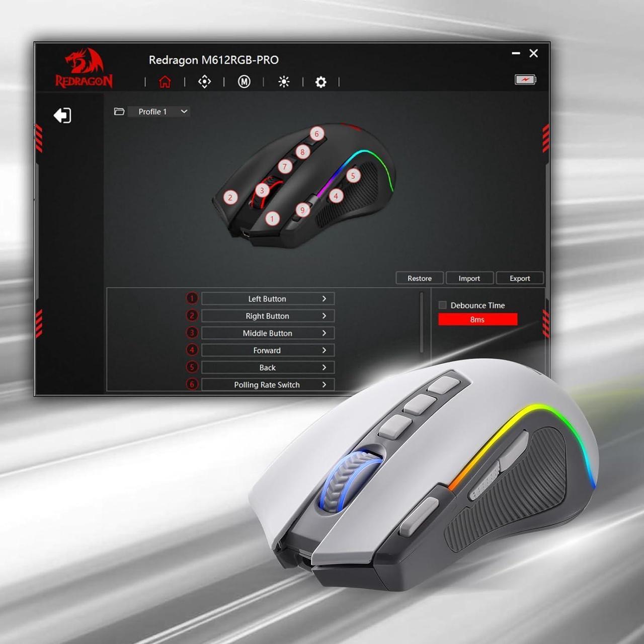 Alt view image 5 of 7 - Redragon M612 PRO RGB Gaming Mouse, 8000 DPI BT Wired/Wireless Optical Gamer Mouse 9 Programmable Buttons & 7 Backlit Modes,Software Supports DIY Keybinds Rapid Fire Button,Gray