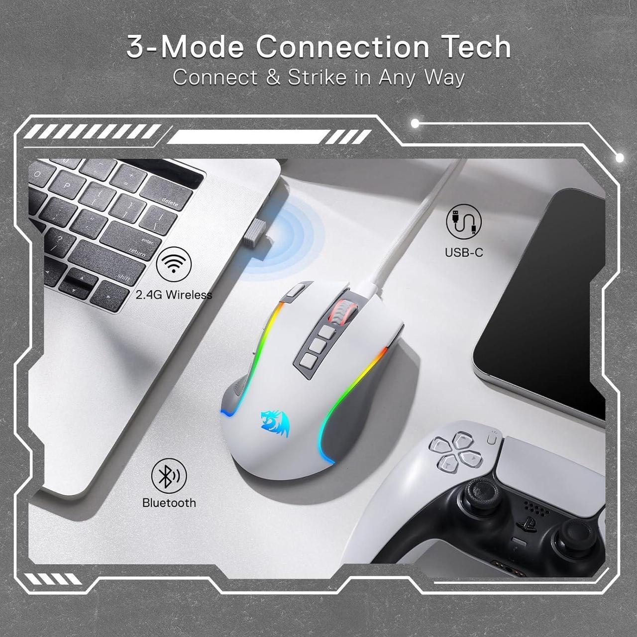 Alt view image 3 of 7 - Redragon M612 PRO RGB Gaming Mouse, 8000 DPI BT Wired/Wireless Optical Gamer Mouse 9 Programmable Buttons & 7 Backlit Modes,Software Supports DIY Keybinds Rapid Fire Button,Gray
