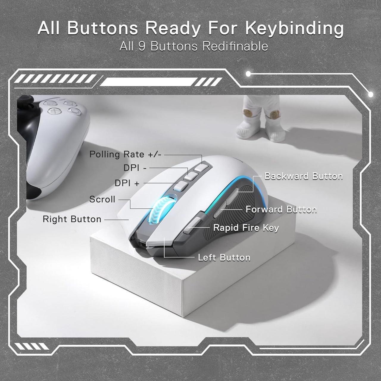 Alt view image 6 of 7 - Redragon M612 PRO RGB Gaming Mouse, 8000 DPI BT Wired/Wireless Optical Gamer Mouse 9 Programmable Buttons & 7 Backlit Modes,Software Supports DIY Keybinds Rapid Fire Button,Gray
