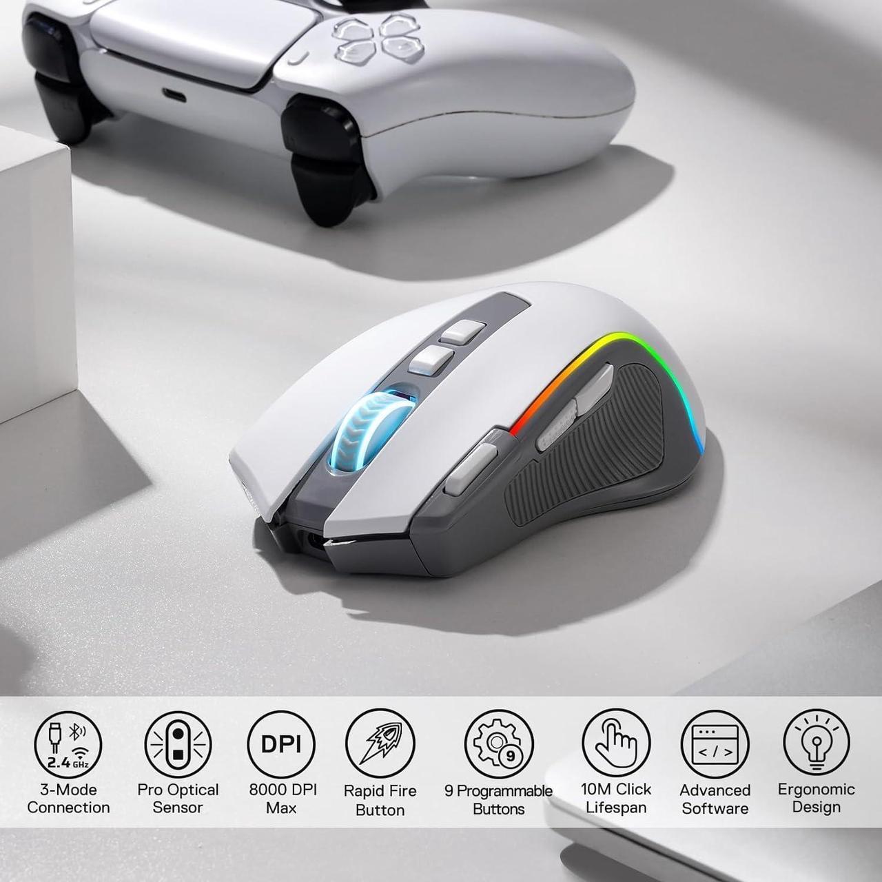 Alt view image 4 of 7 - Redragon M612 PRO RGB Gaming Mouse, 8000 DPI BT Wired/Wireless Optical Gamer Mouse 9 Programmable Buttons & 7 Backlit Modes,Software Supports DIY Keybinds Rapid Fire Button,Gray