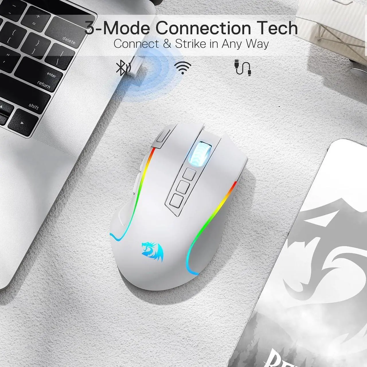 Alt view image 5 of 7 - Redragon M612 PRO RGB Gaming Mouse, 8000 DPI Wired/Wireless Optical Gamer Mouse with 9 Programmable Buttons & 6 Backlit Modes, BT & 2.4G Wireless, Software Supports, White