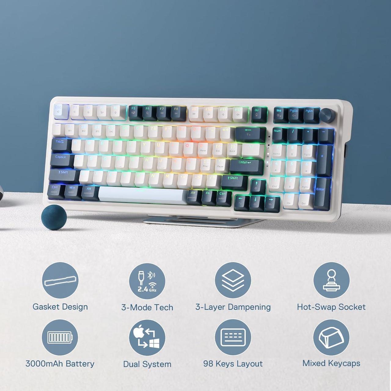 Alt view image 7 of 7 - Redragon K686 PRO 98 Keys Wireless Gasket RGB Gaming Keyboard, 3-Mode Win/Mac Mechanical Keyboard w/5-Layer Noise Dampening, Dedicated Knob Control & Hot-Swap in Linear Red Switch, Blue Himmel Color