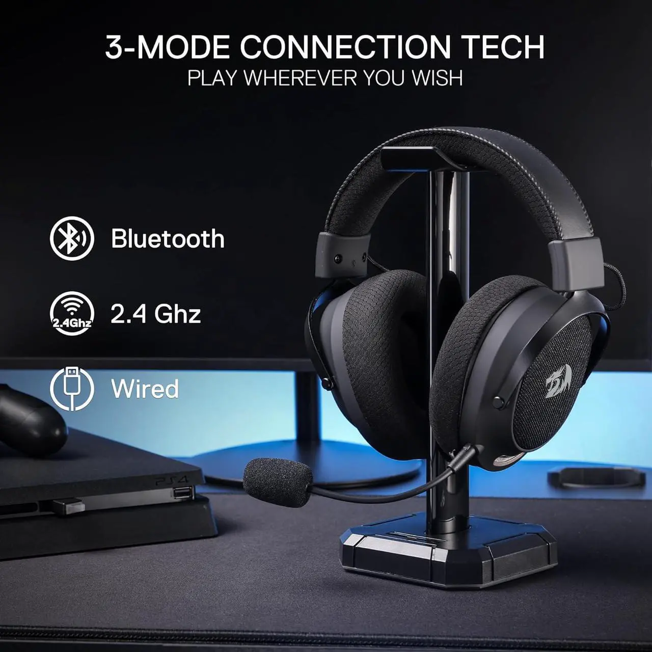 Alt view image 4 of 7 - Redragon H858 3-Mode Wireless Gaming Headset, 7.1 Surround Sound, 53 mm Drivers, Memory Foam Ear Pads, Detachable Noise-canceling Microphone, Over-Ear Headphones Works for Mobile, PC/PS5/NS