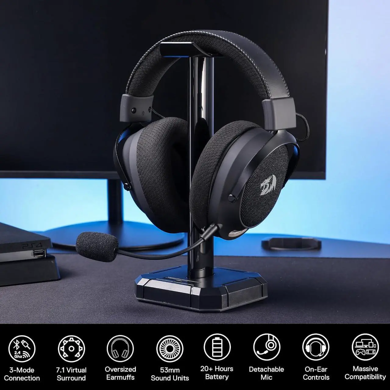Alt view image 6 of 7 - Redragon H858 3-Mode Wireless Gaming Headset, 7.1 Surround Sound, 53 mm Drivers, Memory Foam Ear Pads, Detachable Noise-canceling Microphone, Over-Ear Headphones Works for Mobile, PC/PS5/NS