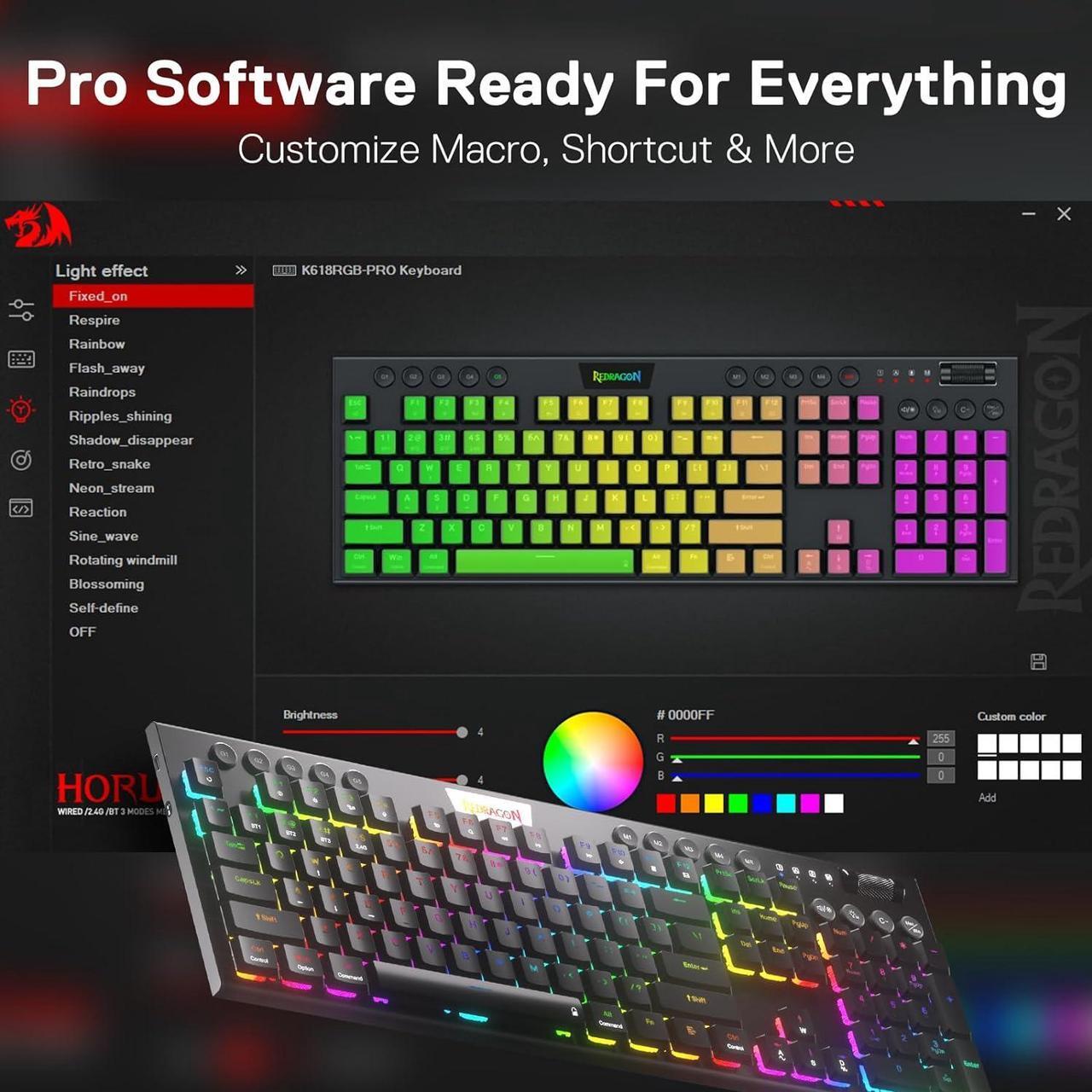 Alt view image 3 of 7 - Redragon K618 PRO 3-Mode Wireless RGB Mechanical Keyboard, BT/2.4Ghz/Wired Low Profile Win/Mac Gaming Keyboard w/Ultra-Thin Design, Dedicated Media Control & Tactile Blue Switch