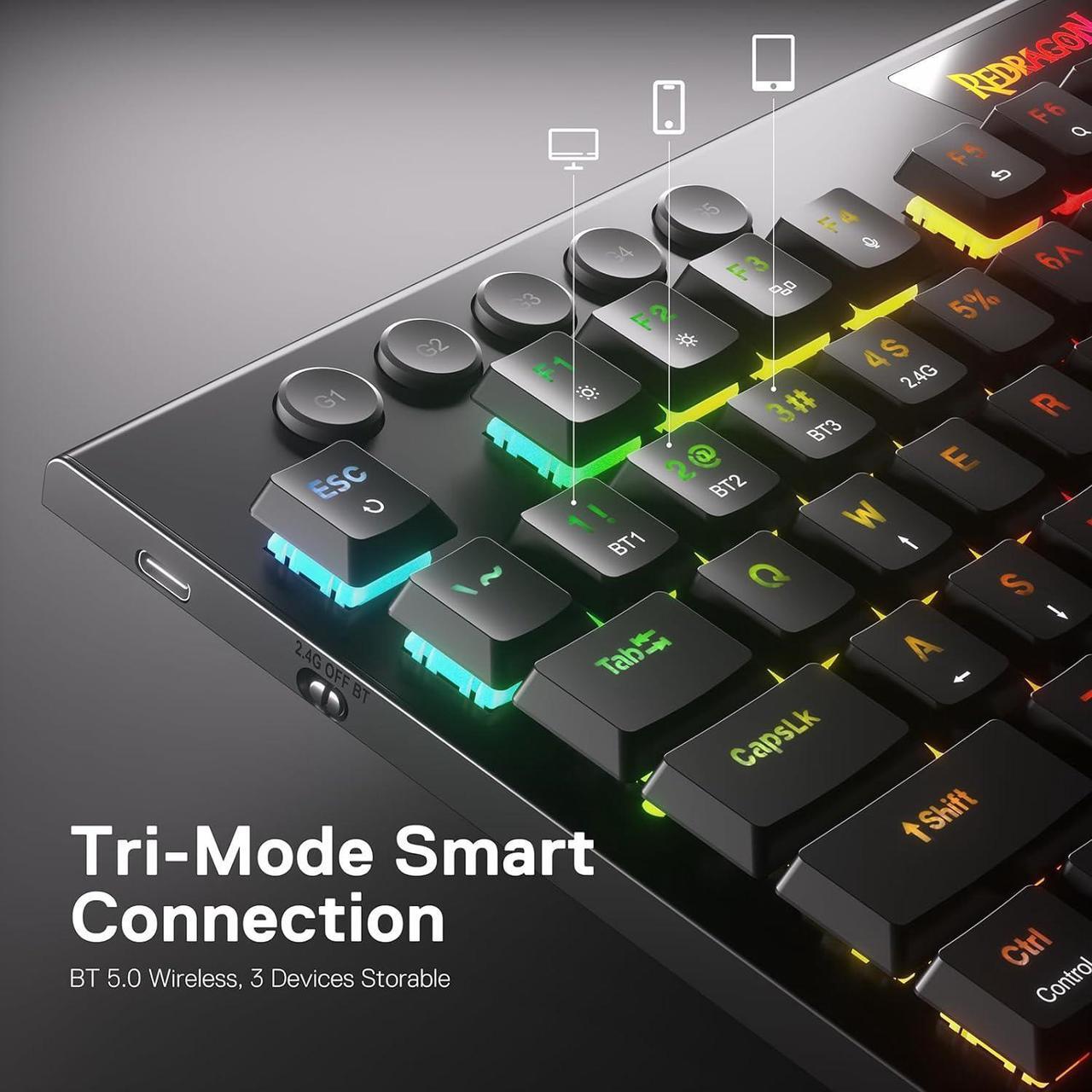 Alt view image 5 of 7 - Redragon K618 PRO 3-Mode Wireless RGB Mechanical Keyboard, BT/2.4Ghz/Wired Low Profile Win/Mac Gaming Keyboard w/Ultra-Thin Design, Dedicated Media Control & Tactile Blue Switch